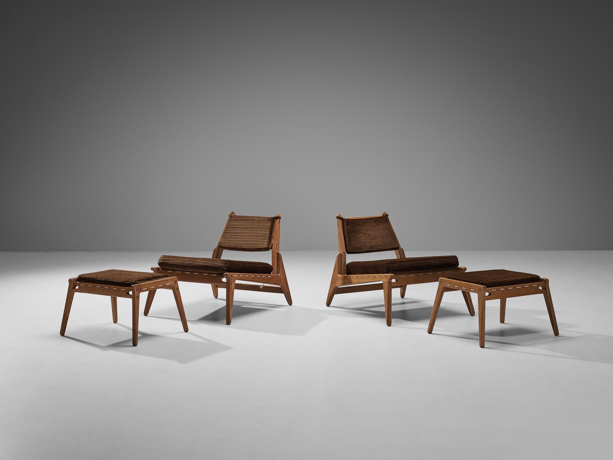 Uno & Östen Kristiansson Pair of 'Hunting' Chairs in Oak and Brown Fabric 1