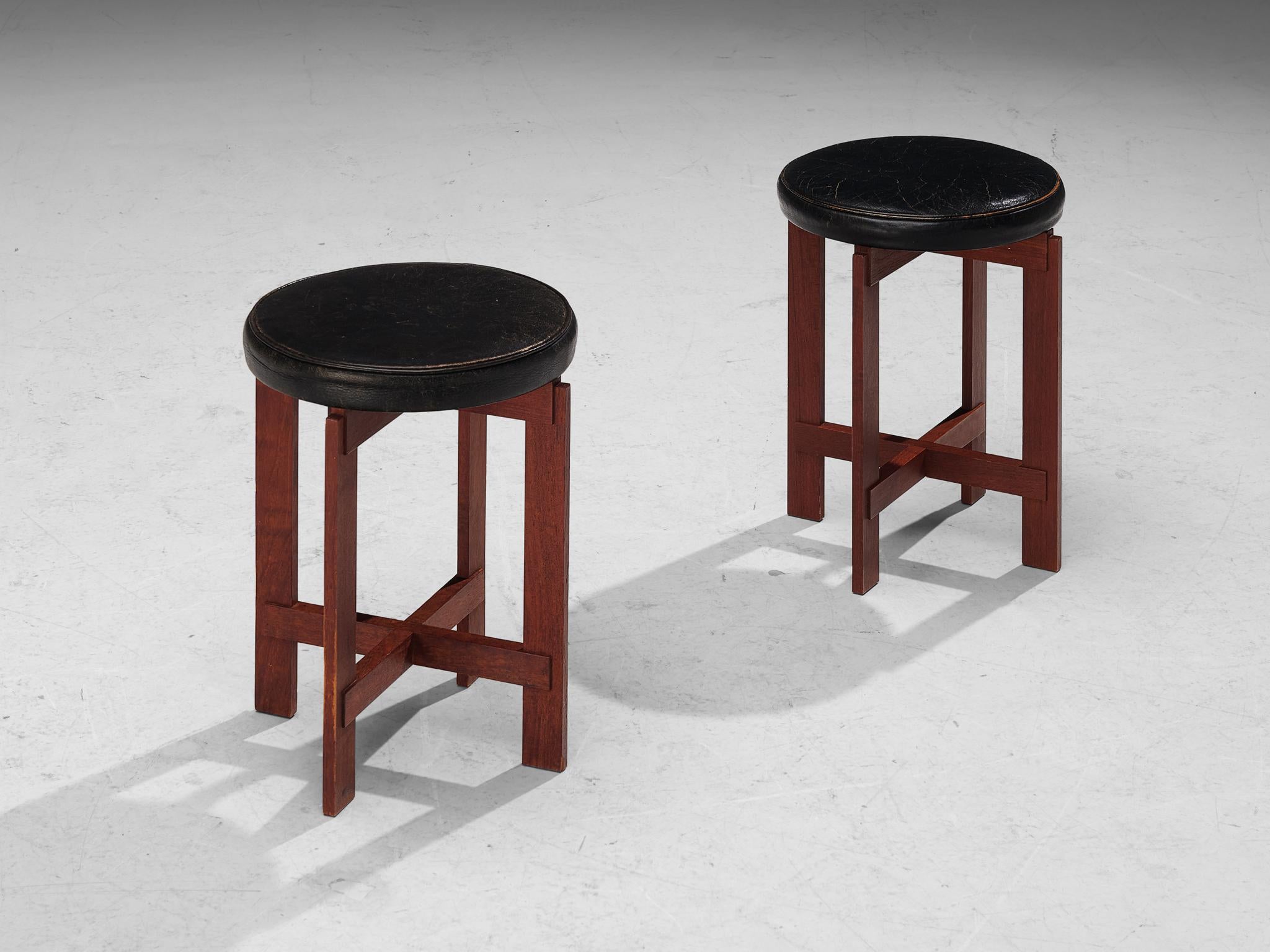 Uno & Östen Kristiansson for Luxus of Sweden, pair of stools. leather, teak, France, 1950s

Elegant in line and practical to use, these stools by Uno & Östen Kristiansson are exemplary for Mid-Century Scandinavian Design. The seat embodies a nice