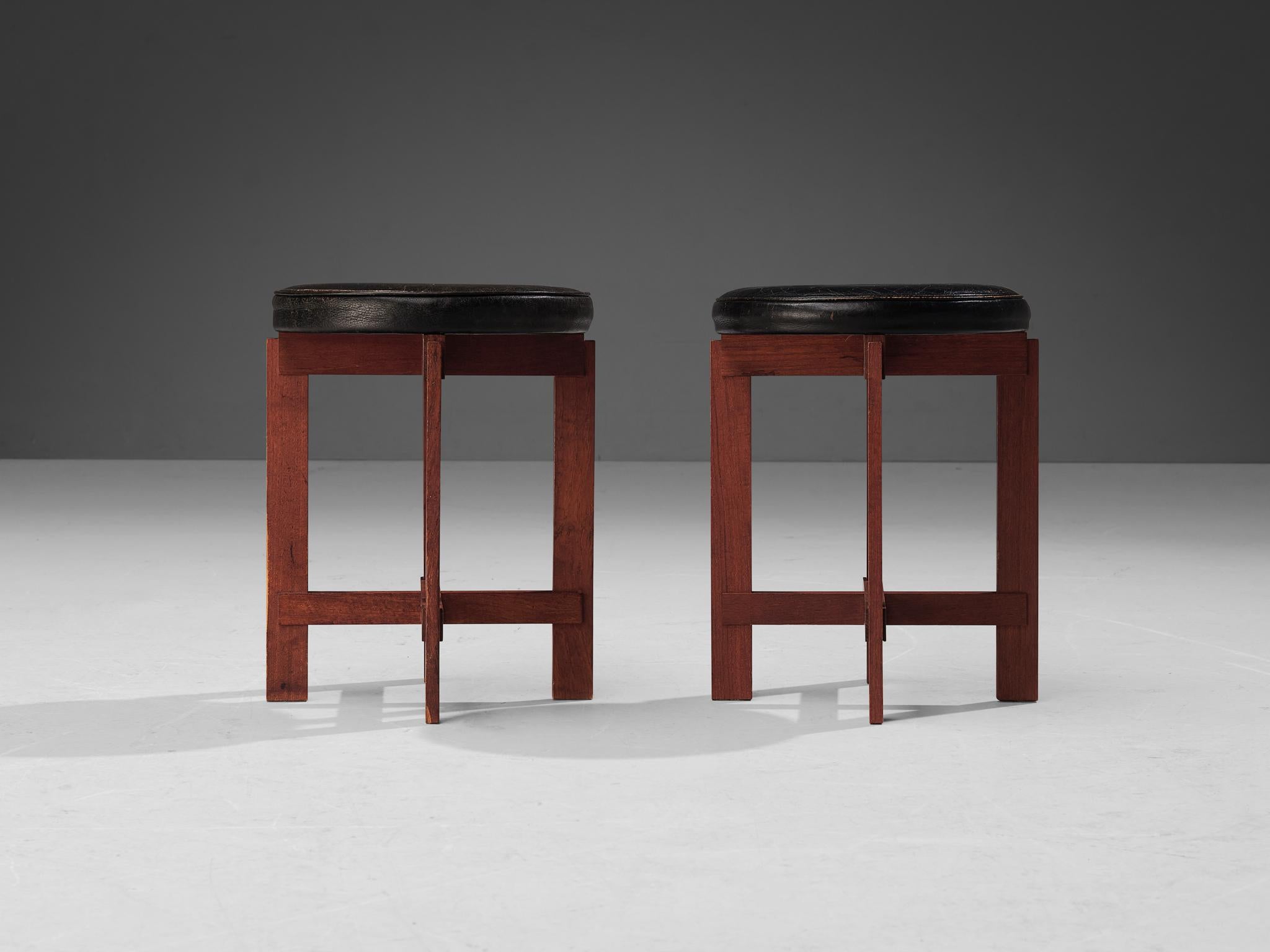Swedish Uno & Östen Kristiansson Pair of Stools in Leather and Teak For Sale