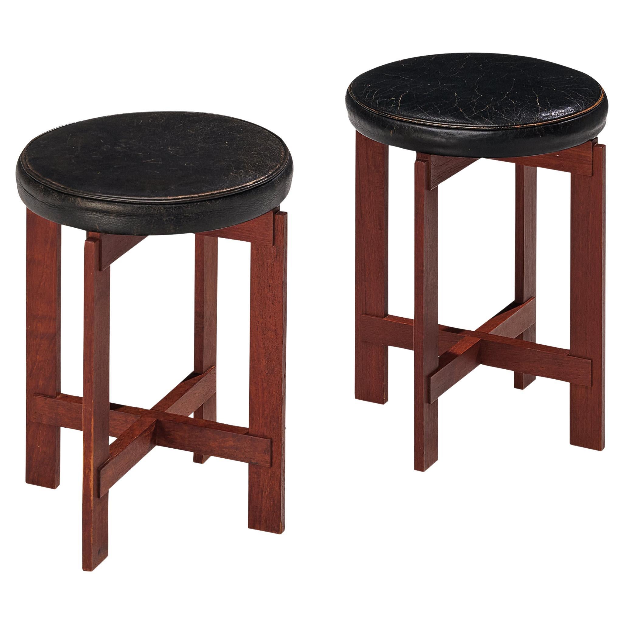 Uno & Östen Kristiansson Pair of Stools in Leather and Teak