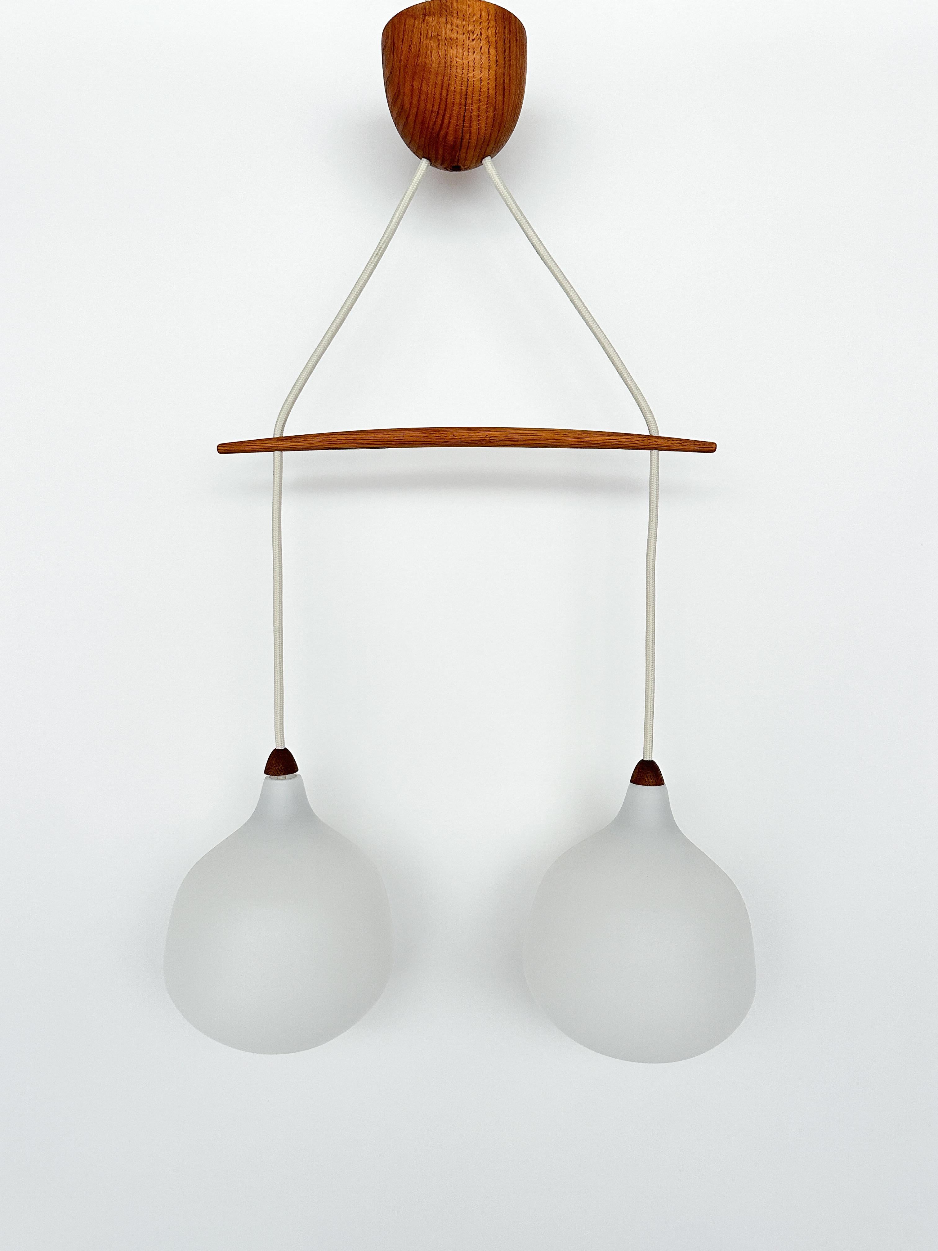 Scandinavian Modern Uno & Östen Kristiansson Pendant Lamp Glass & Oak Luxus Vittsjö Sweden 1950s For Sale