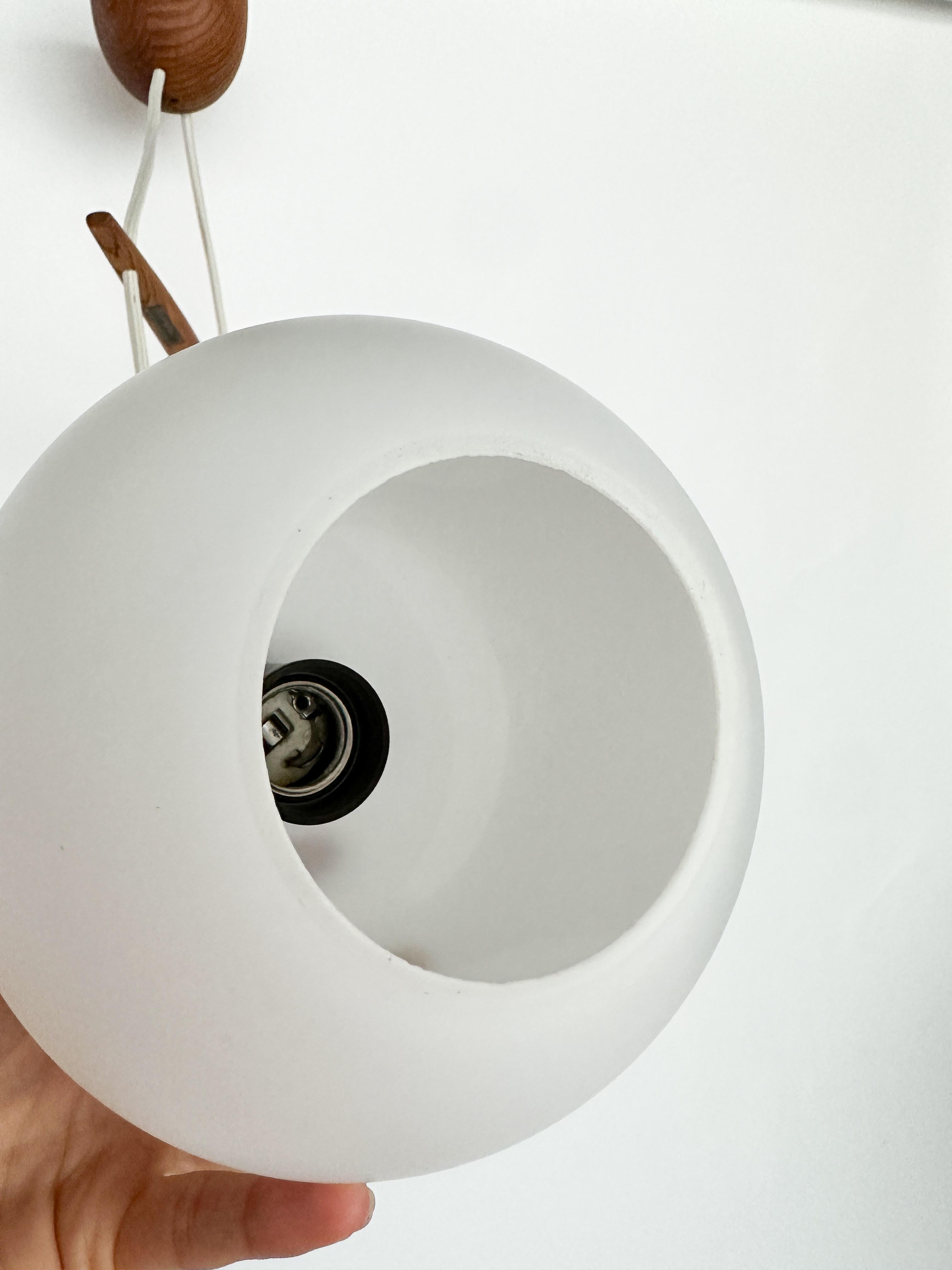 Opaline Glass Uno & Östen Kristiansson Pendant Lamp Glass & Oak Luxus Vittsjö Sweden 1950s For Sale