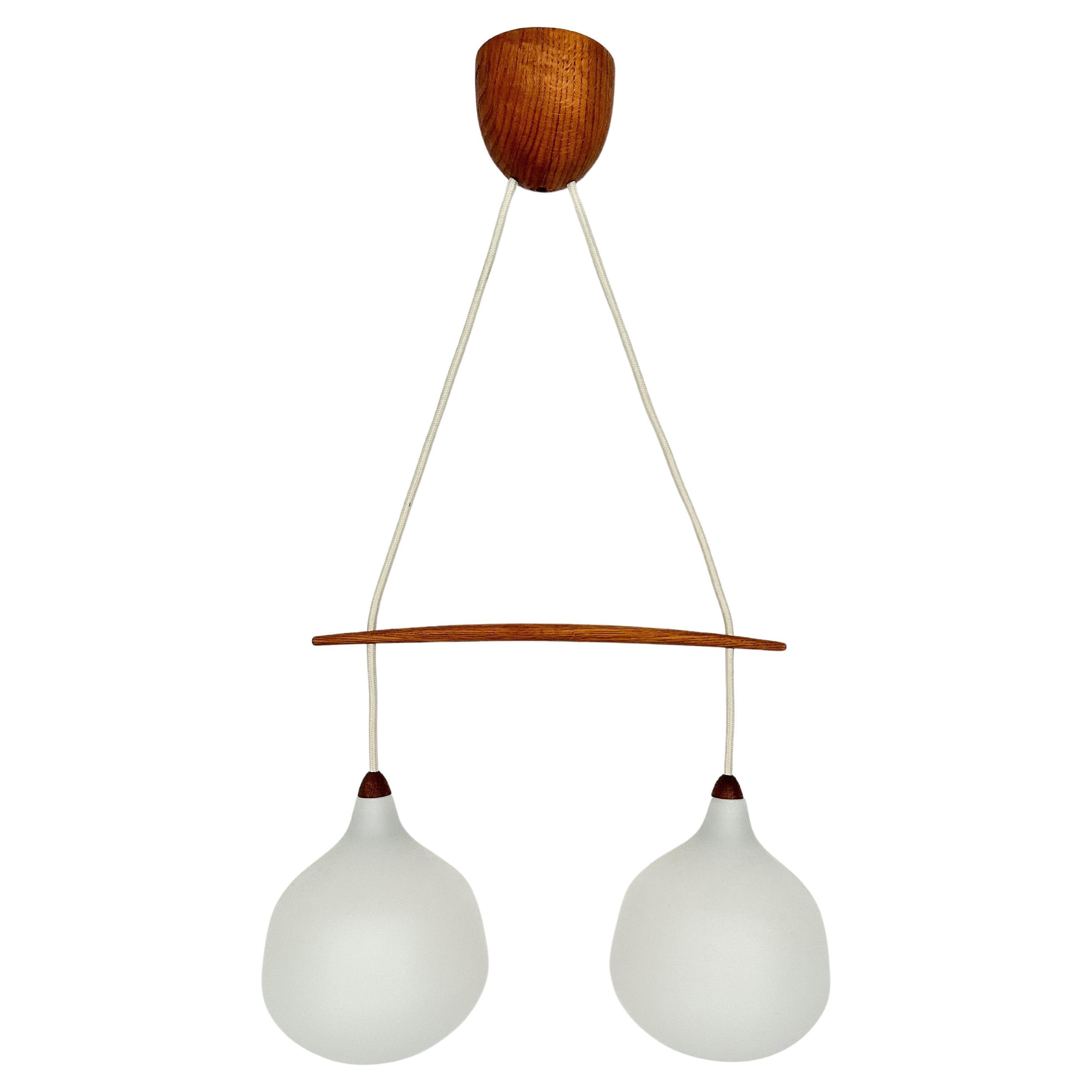 Uno & Östen Kristiansson Pendant Lamp Glass & Oak Luxus Vittsjö Sweden 1950s