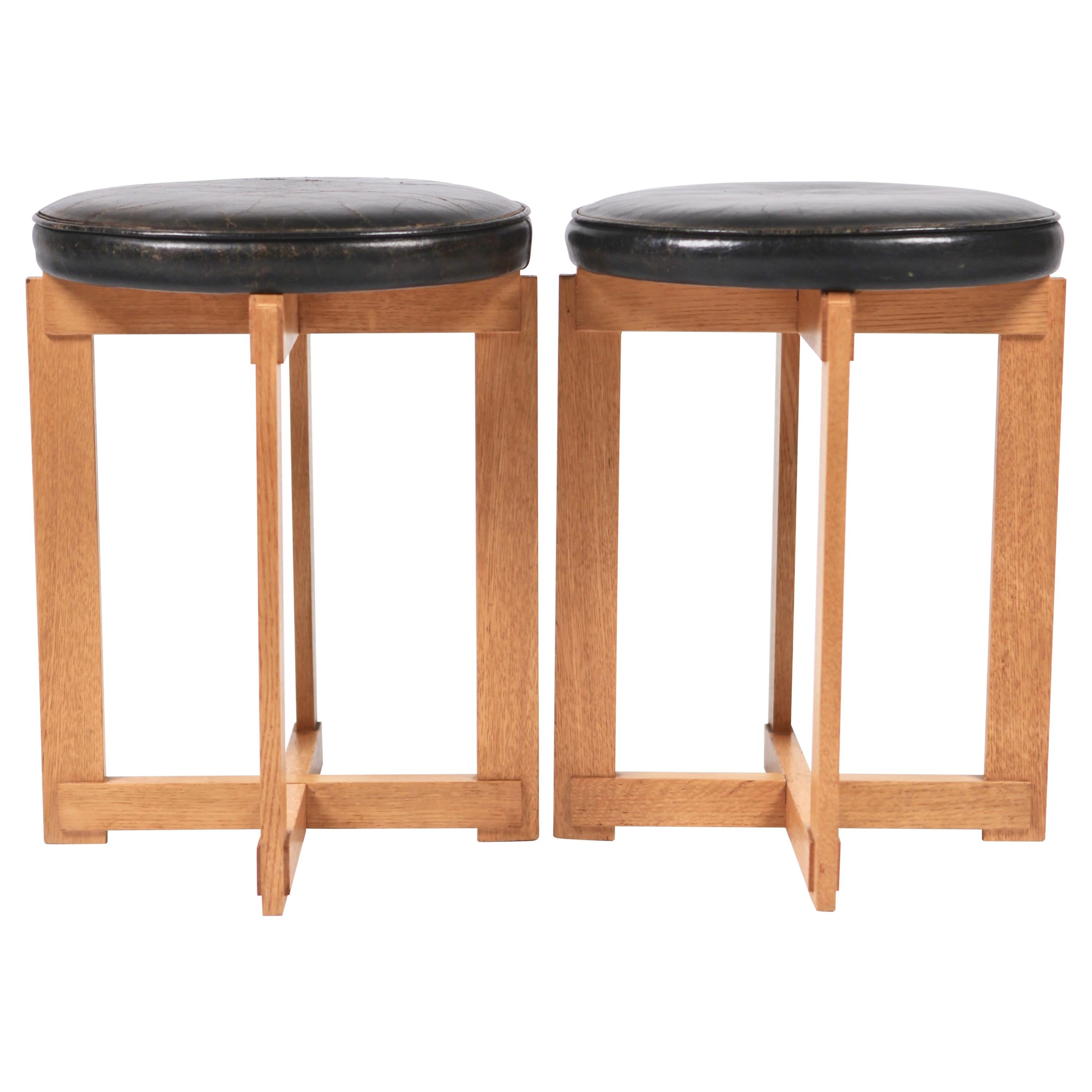 Uno & Östen Kristiansson, Rare Stools in Oak and Leather for Luxus, Sweden 1960s