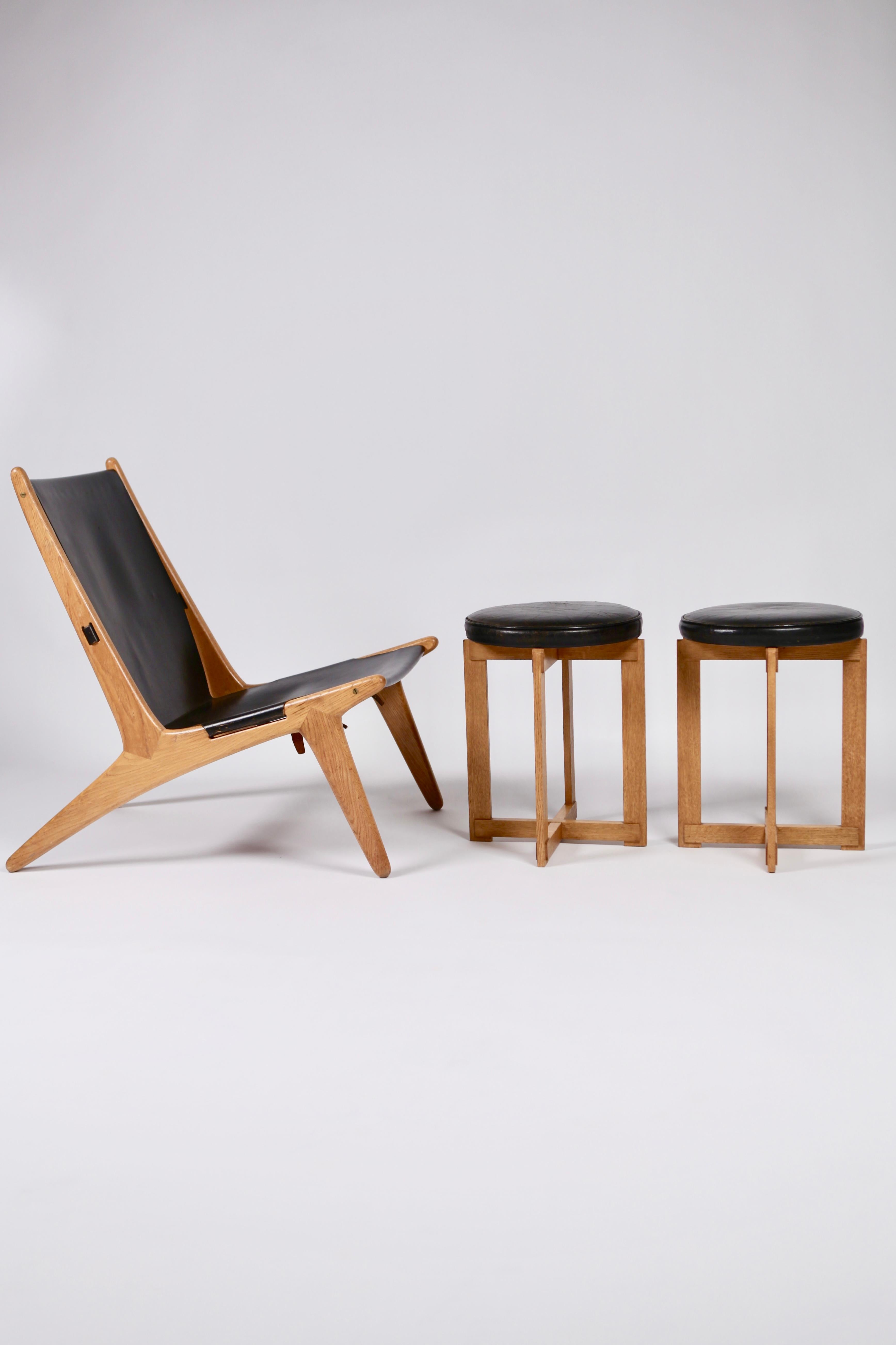 Uno & Östen Kristiansson, Rare Stools in Oak and Leather for Luxus, Sweden 1960s 7