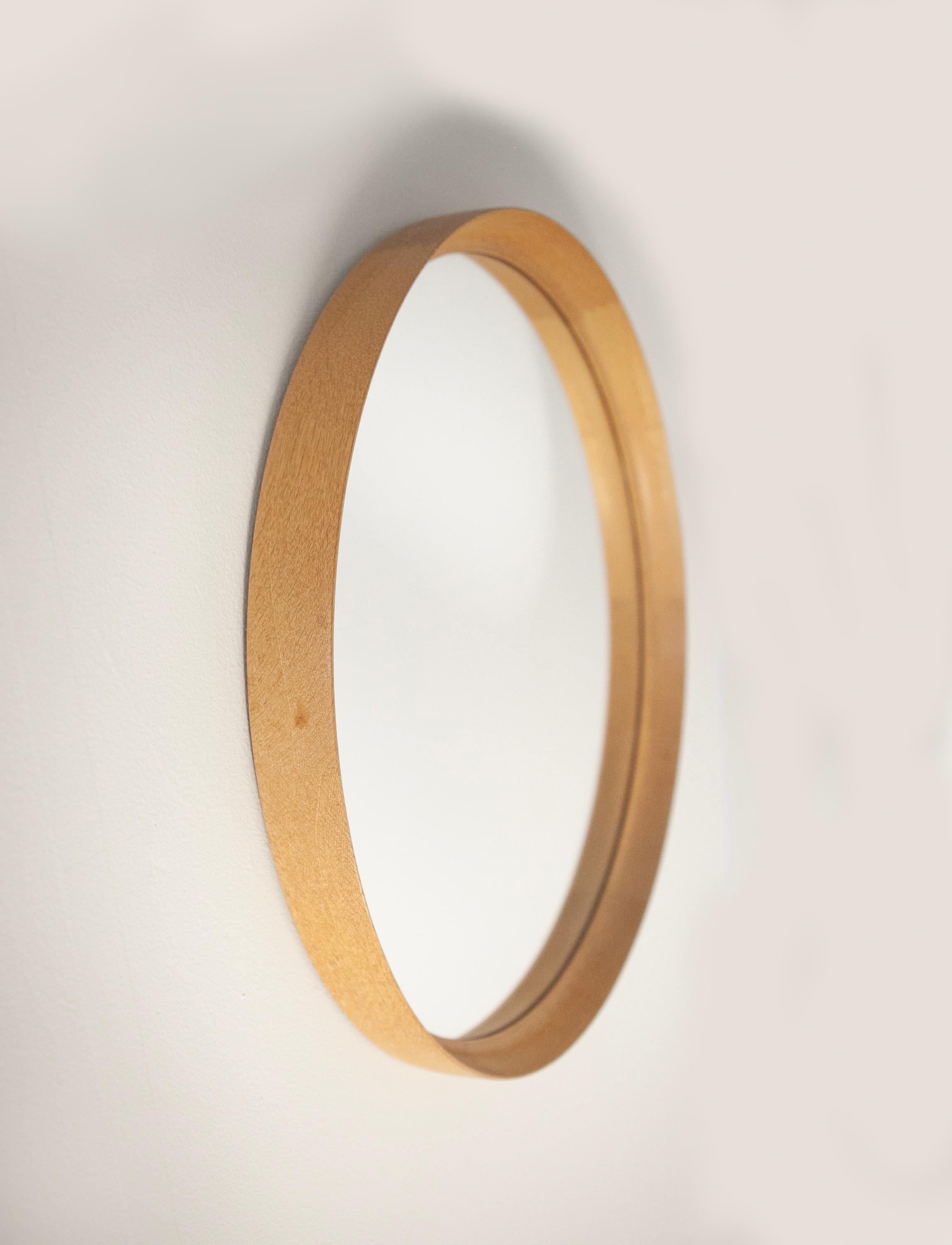 Mid-Century Modern Uno & Östen Kristiansson, Round Oak mirror by Luxus, Vittsjö. Sweden, 1960s For Sale