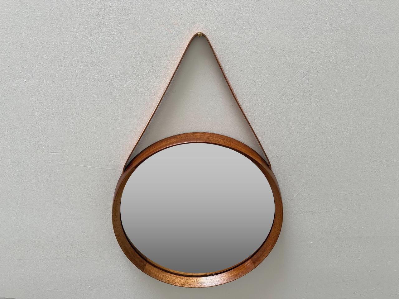 Hand-Crafted UNO & ÖSTEN KRISTIANSSON Round Wall Mirror for Luxus, Teak Leather 1960s, Sweden For Sale