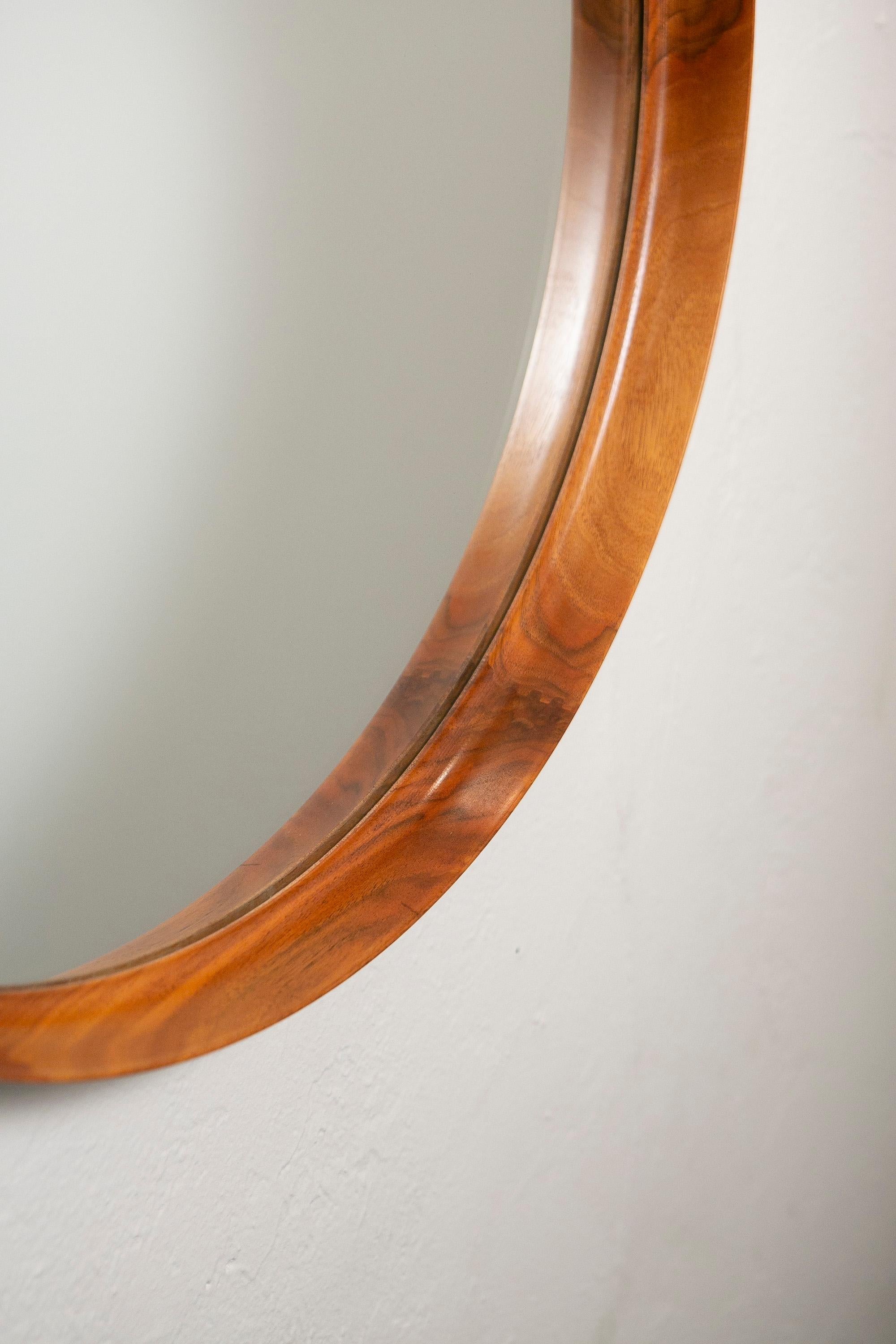 Mirror Uno & Östen Kristiansson, Round Walnut mirror by Luxus, Vittsjö. Sweden, 1960s For Sale