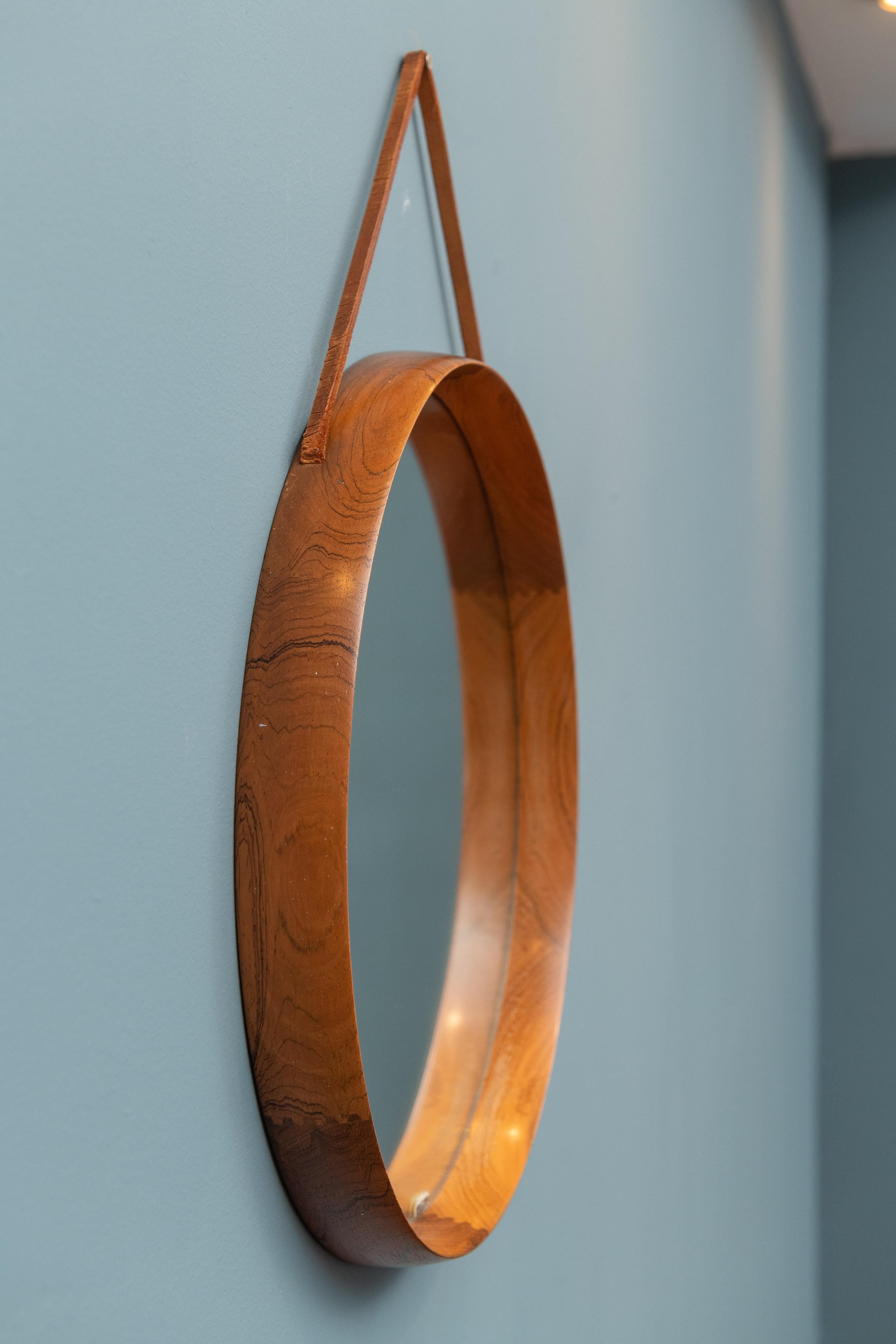 Swedish Uno & Östen Kristiansson Wall Mirror in Teak and Leather