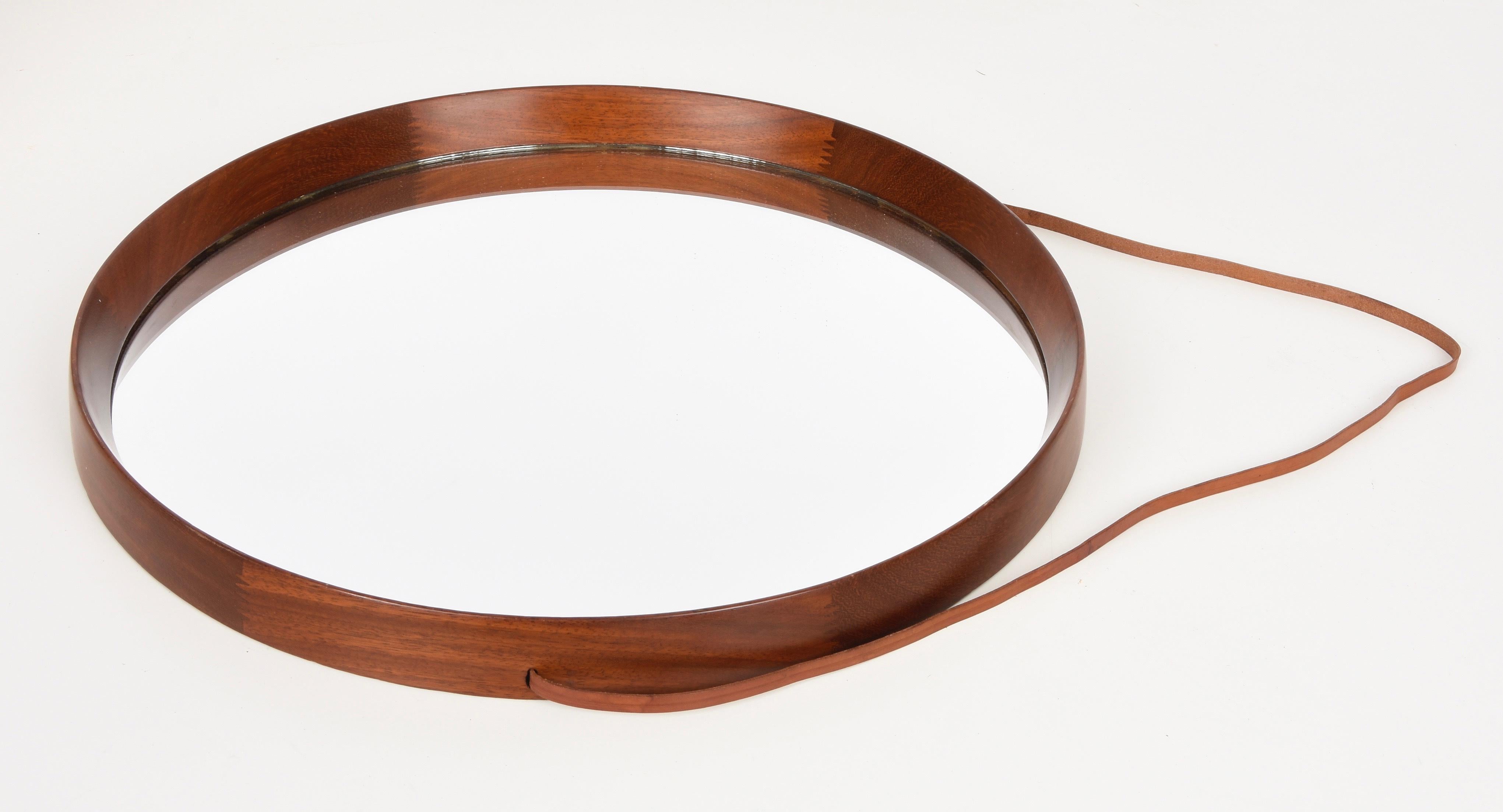 Uno & Östen Kristiansson Wood and Leather Swedish Wall Mirror for Luxus, 1960s For Sale 7