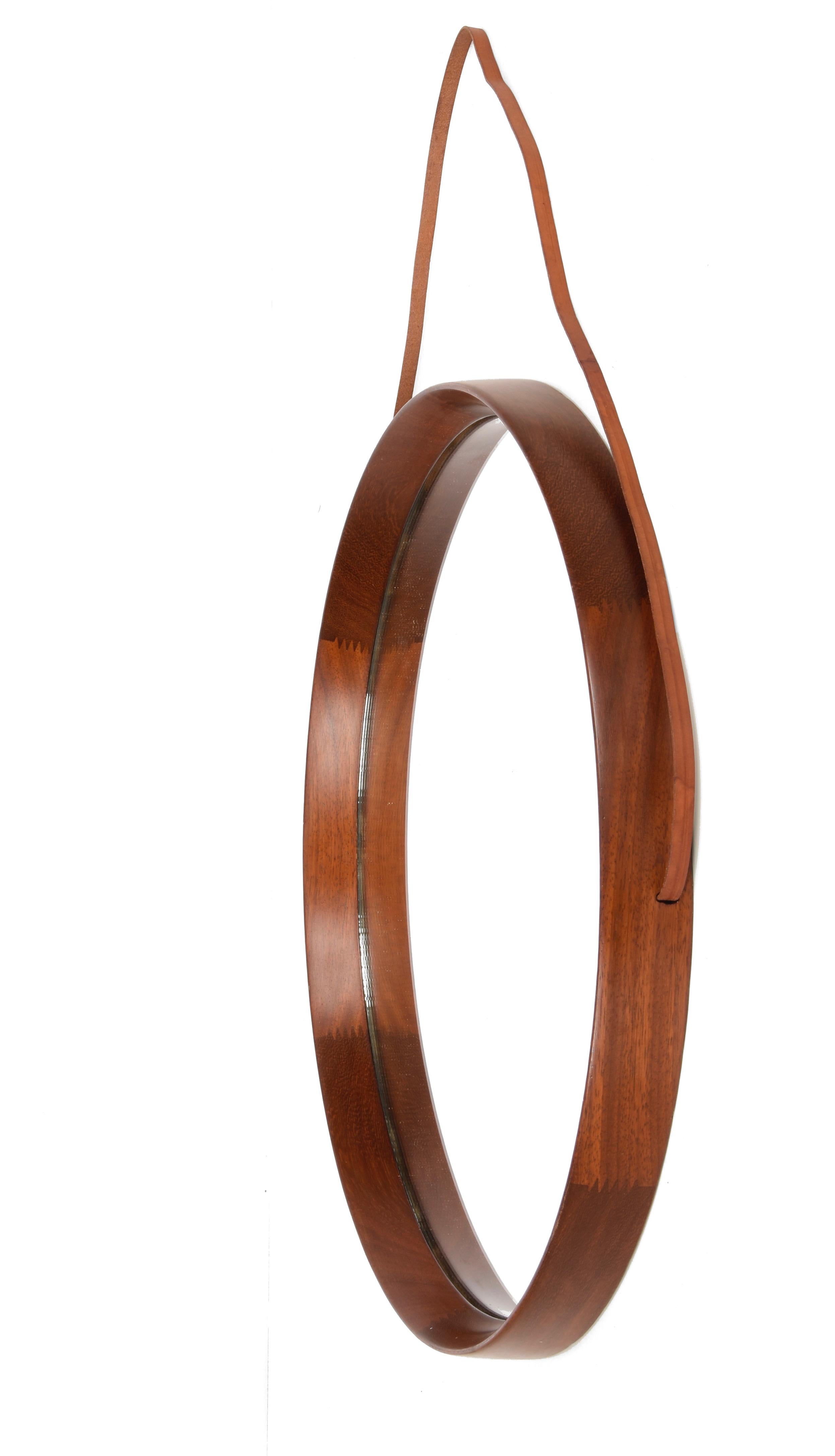 20th Century Uno & Östen Kristiansson Wood and Leather Swedish Wall Mirror for Luxus, 1960s For Sale