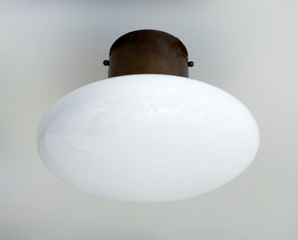 Italian flush mount with Murano glass shade and brass frame shown in bronzed finish / Made in Italy
Designed by Fabio Ltd, inspired by Angelo Lelli and Arredoluce styles
1 light / E12 or E14 type / max 40W each
Diameter: 12 inches / Height: 9.5