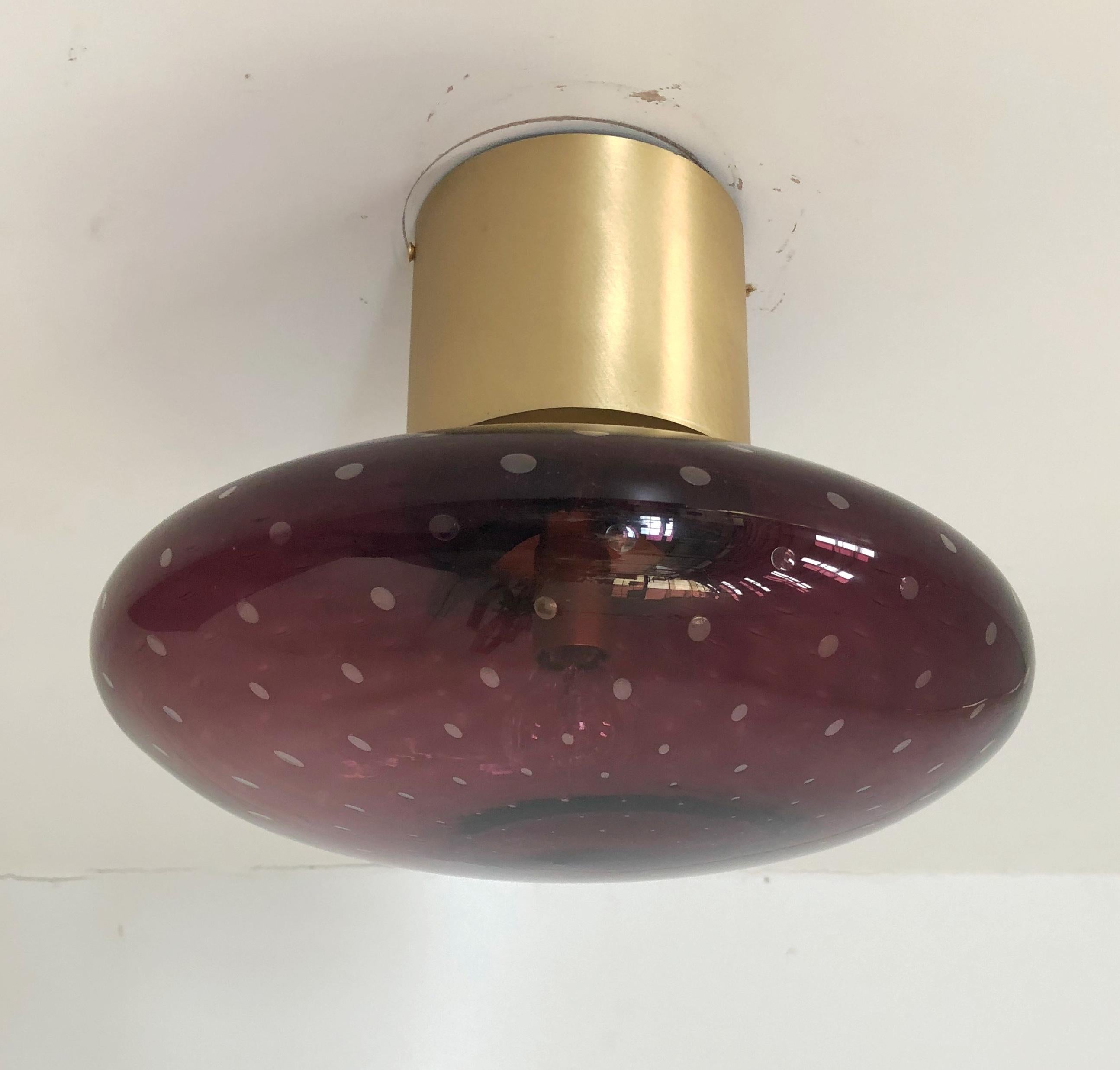 Italian flush mount with Murano glass shade and brass frame / Made in Italy
Designed by Fabio Ltd, inspired by Angelo Lelli and Arredoluce styles
1 light / E12 or E14 type / max 40W each
Diameter: 12 inches / Height: 9.5 inches
Order only / This