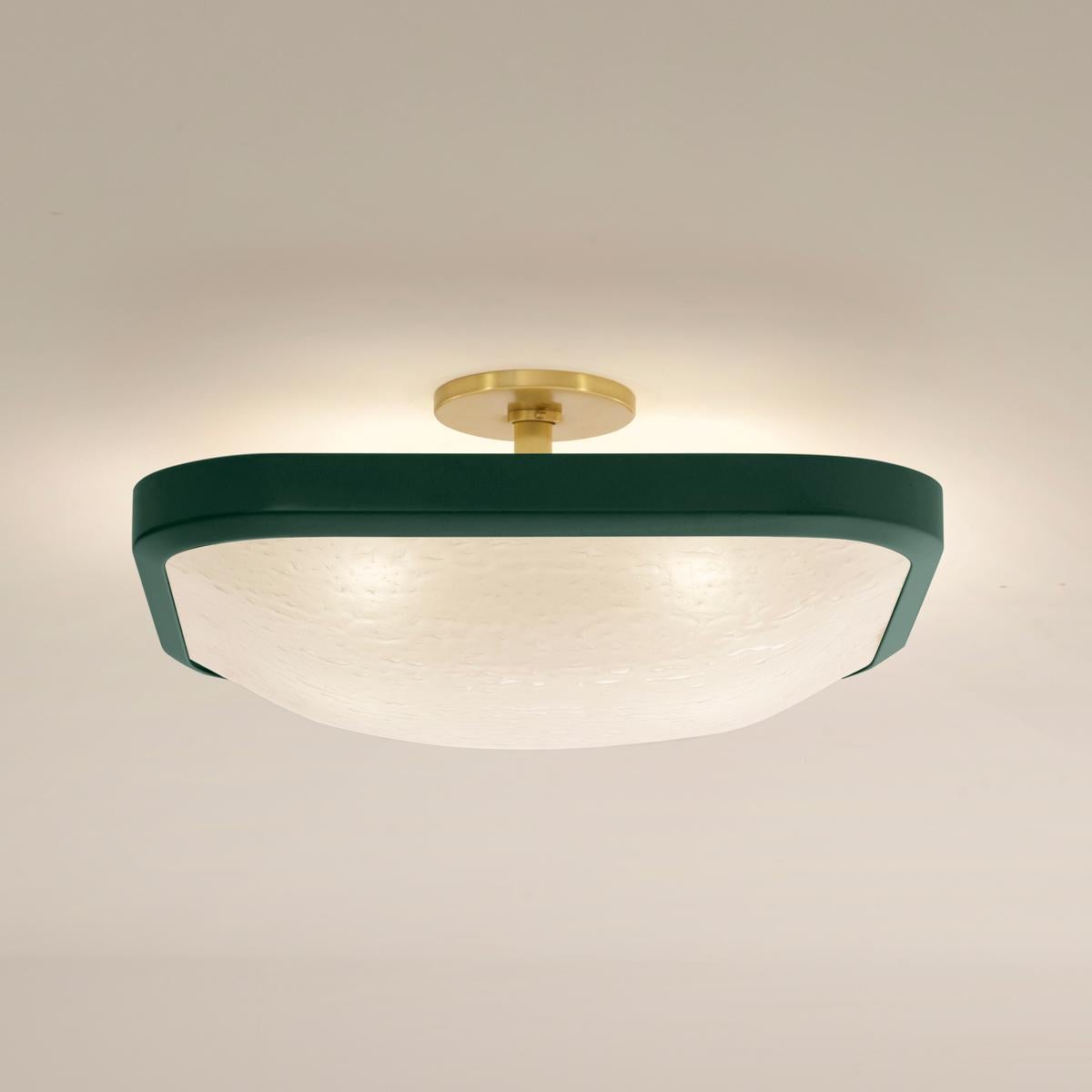 The Uno Square ceiling light exemplifies simple elegance via its clean profile designed around a single Murano glass shade.

Shown in the primary images in Alpine Green and satin brass-subsequent pictures show the fixture in other featured