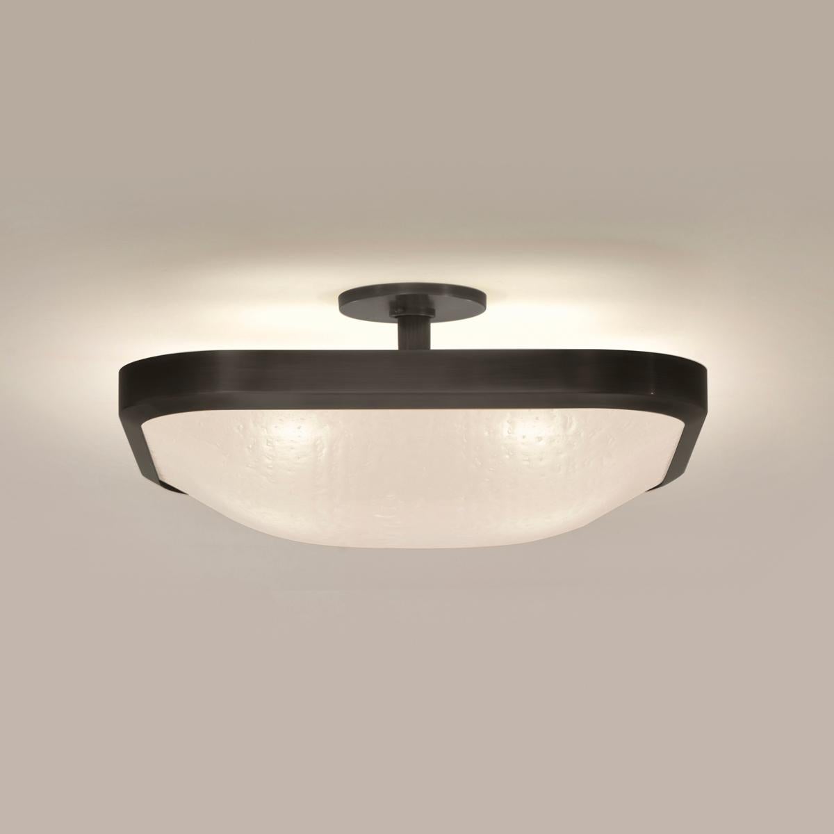 The Uno Square ceiling light exemplifies simple elegance via its clean profile designed around a single Murano glass shade.

Shown in the primary images in Brunito Nero (Black Bronze)-subsequent pictures show the fixture in other featured