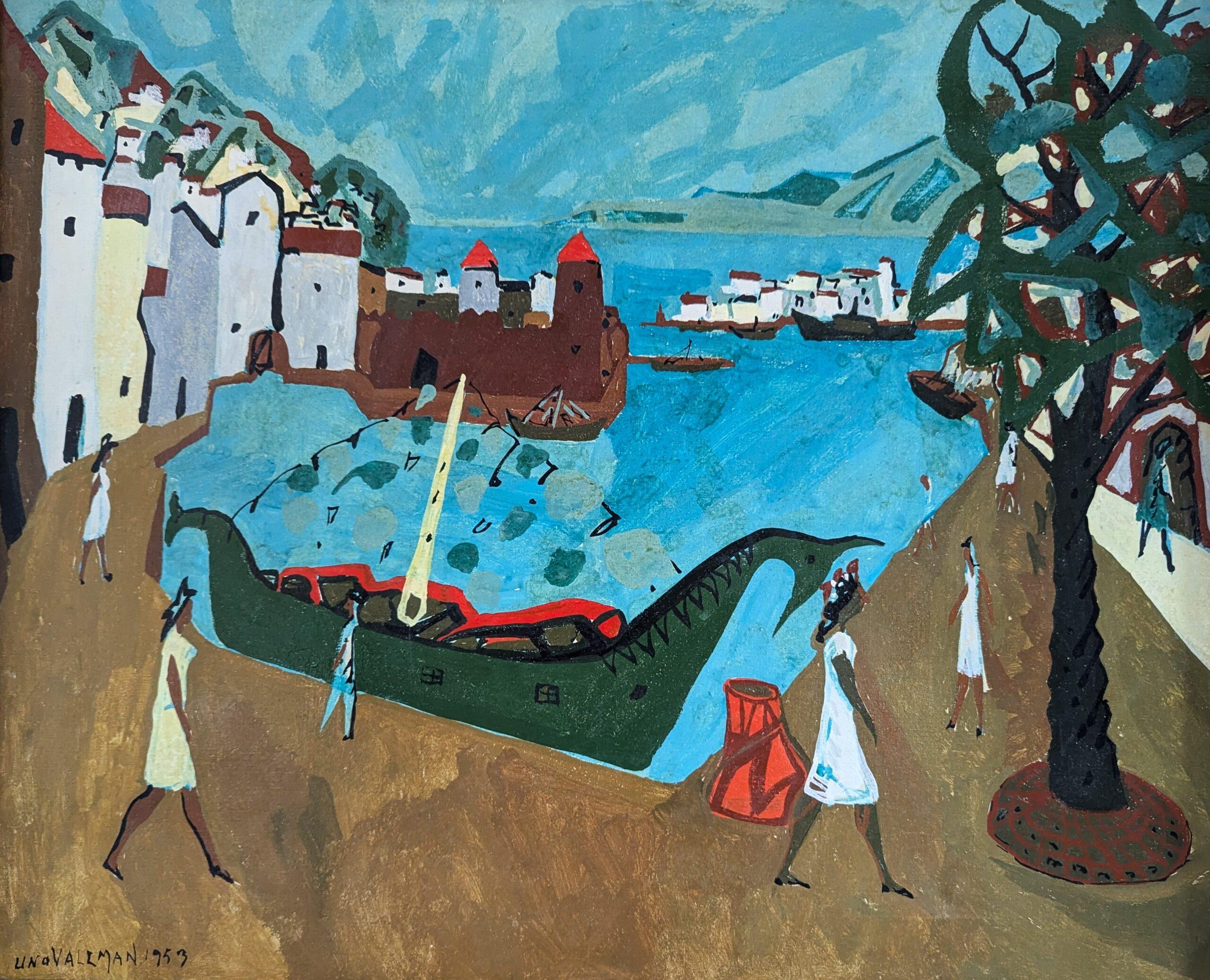 1953 Vintage Mid Century Modern Swedish Landscape Oil Painting -Normandy Harbour (peinture à l'huile d'un paysage suédois du milieu du siècle dernier) 7