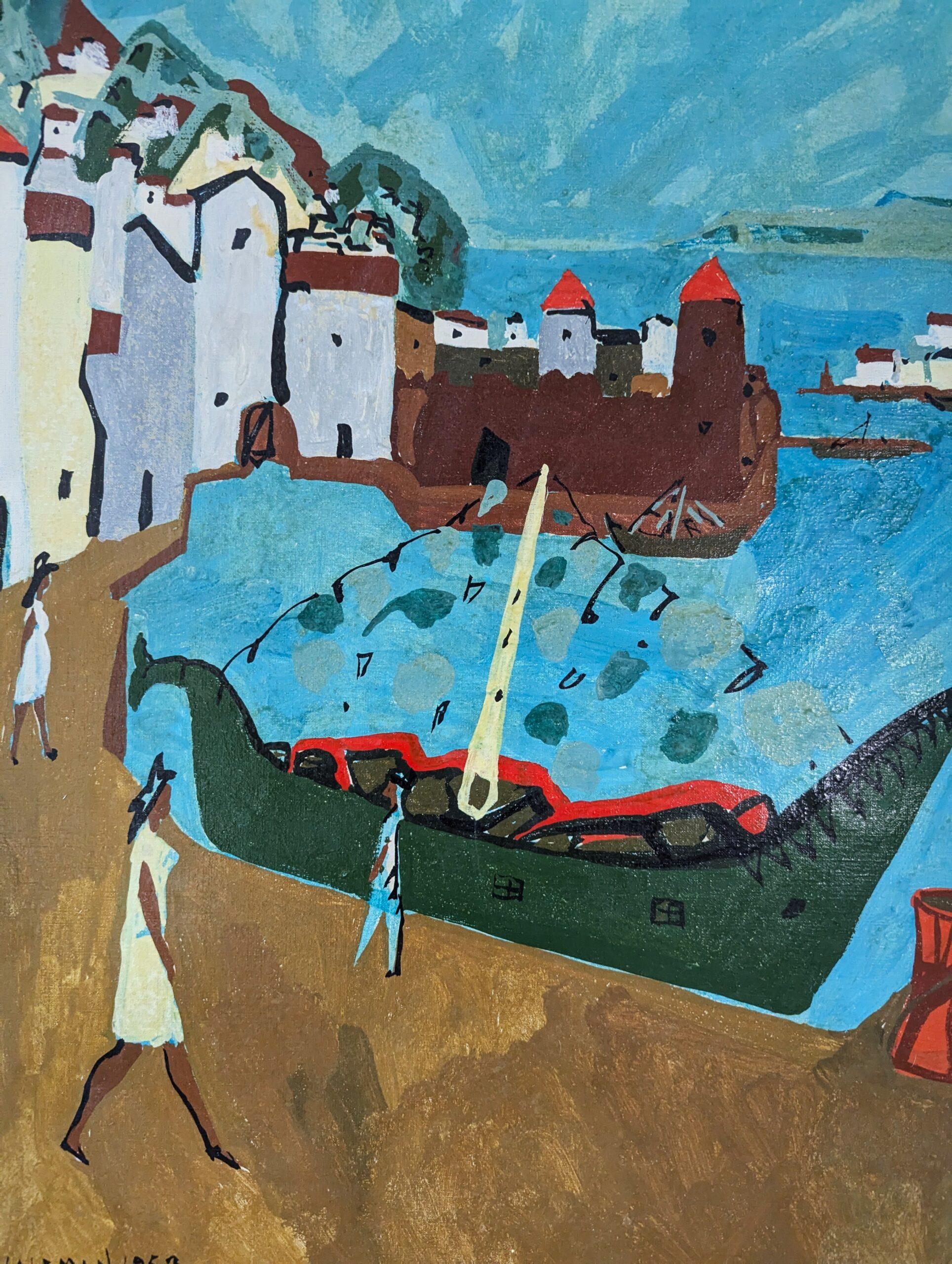 1953 Vintage Mid Century Modern Swedish Landscape Oil Painting -Normandy Harbour (peinture à l'huile d'un paysage suédois du milieu du siècle dernier) 8