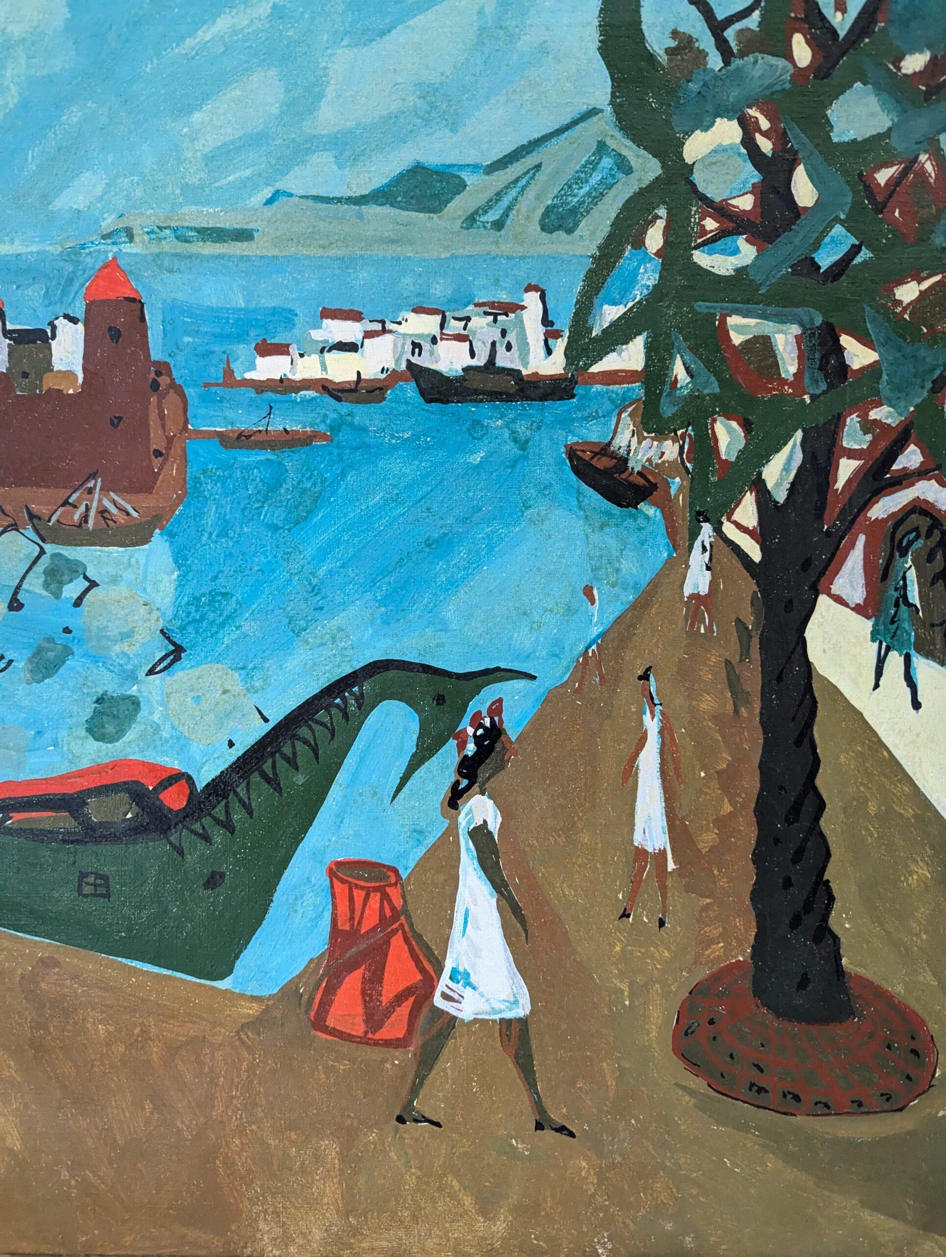 1953 Vintage Mid Century Modern Swedish Landscape Oil Painting -Normandy Harbour (peinture à l'huile d'un paysage suédois du milieu du siècle dernier) 9
