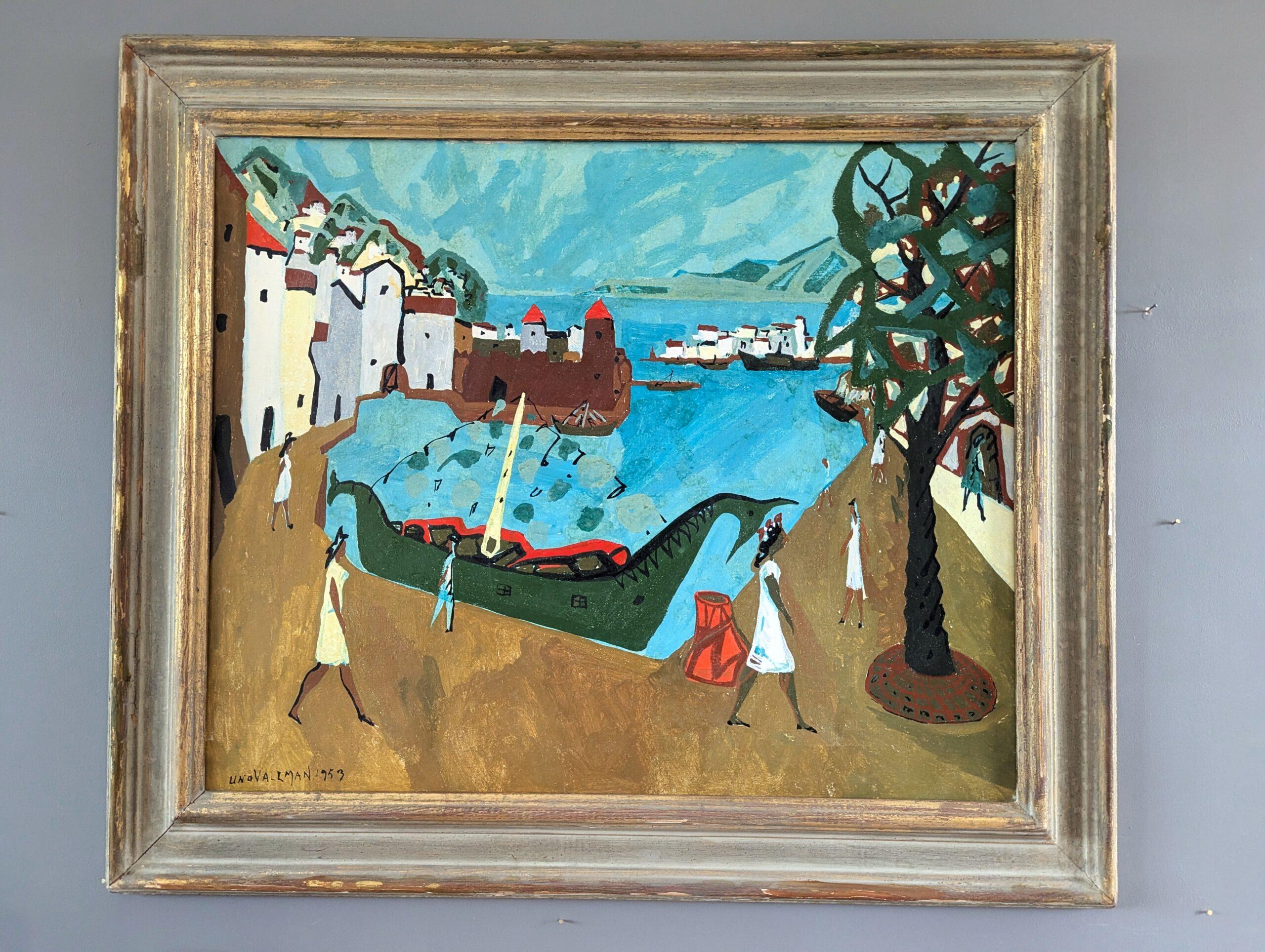 1953 Vintage Mid Century Modern Swedish Landscape Oil Painting -Normandy Harbour (peinture à l'huile d'un paysage suédois du milieu du siècle dernier) - Gris Landscape Painting par Uno Vallman