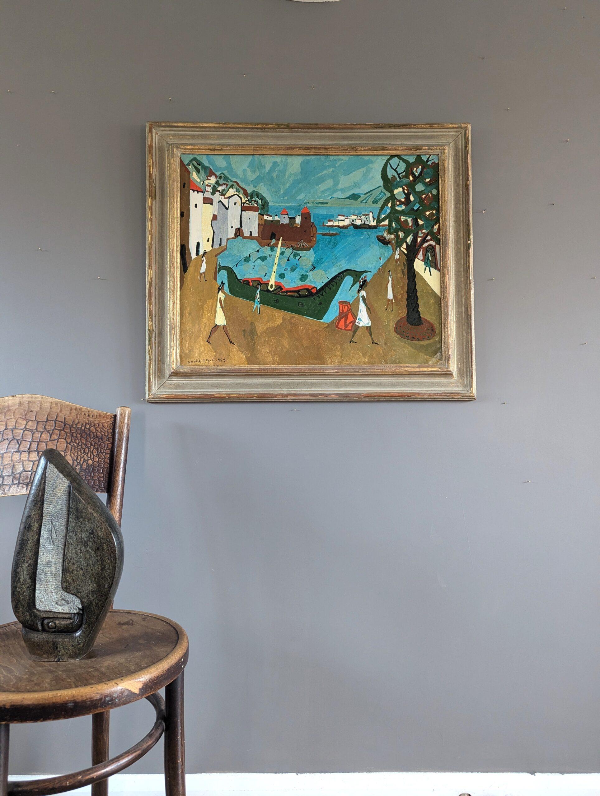 PORT DE NORMANDIE
Huile sur toile
Dimensions : 66 x 76 cm (cadre compris)

Une grande composition de scène portuaire vivante et énergique, exécutée à l'huile sur toile et datée de 1953 par l'artiste suédois Uno Vallman (1913-2004) dont les œuvres