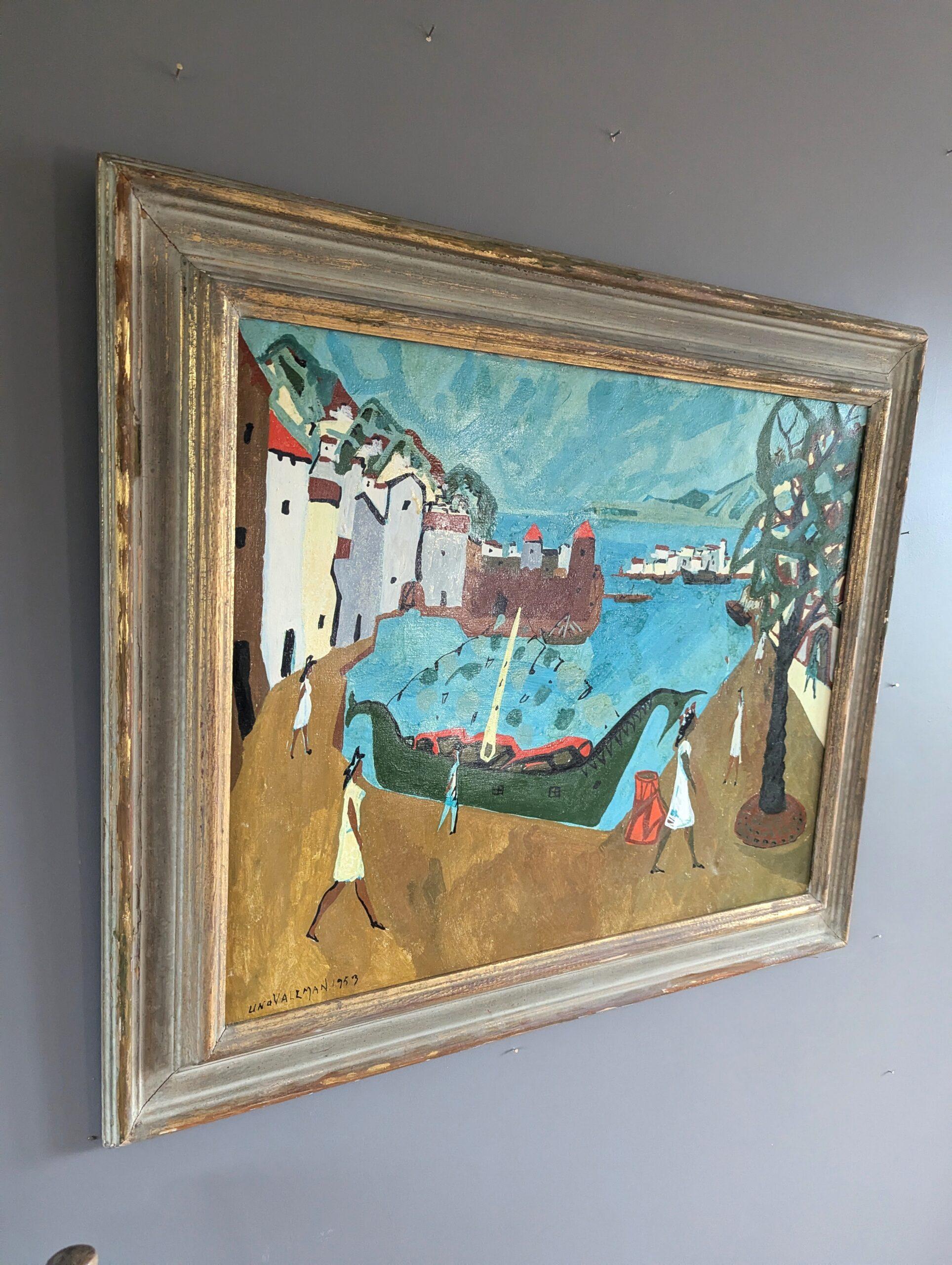 1953 Vintage Mid Century Modern Swedish Landscape Oil Painting -Normandy Harbour (peinture à l'huile d'un paysage suédois du milieu du siècle dernier) 1