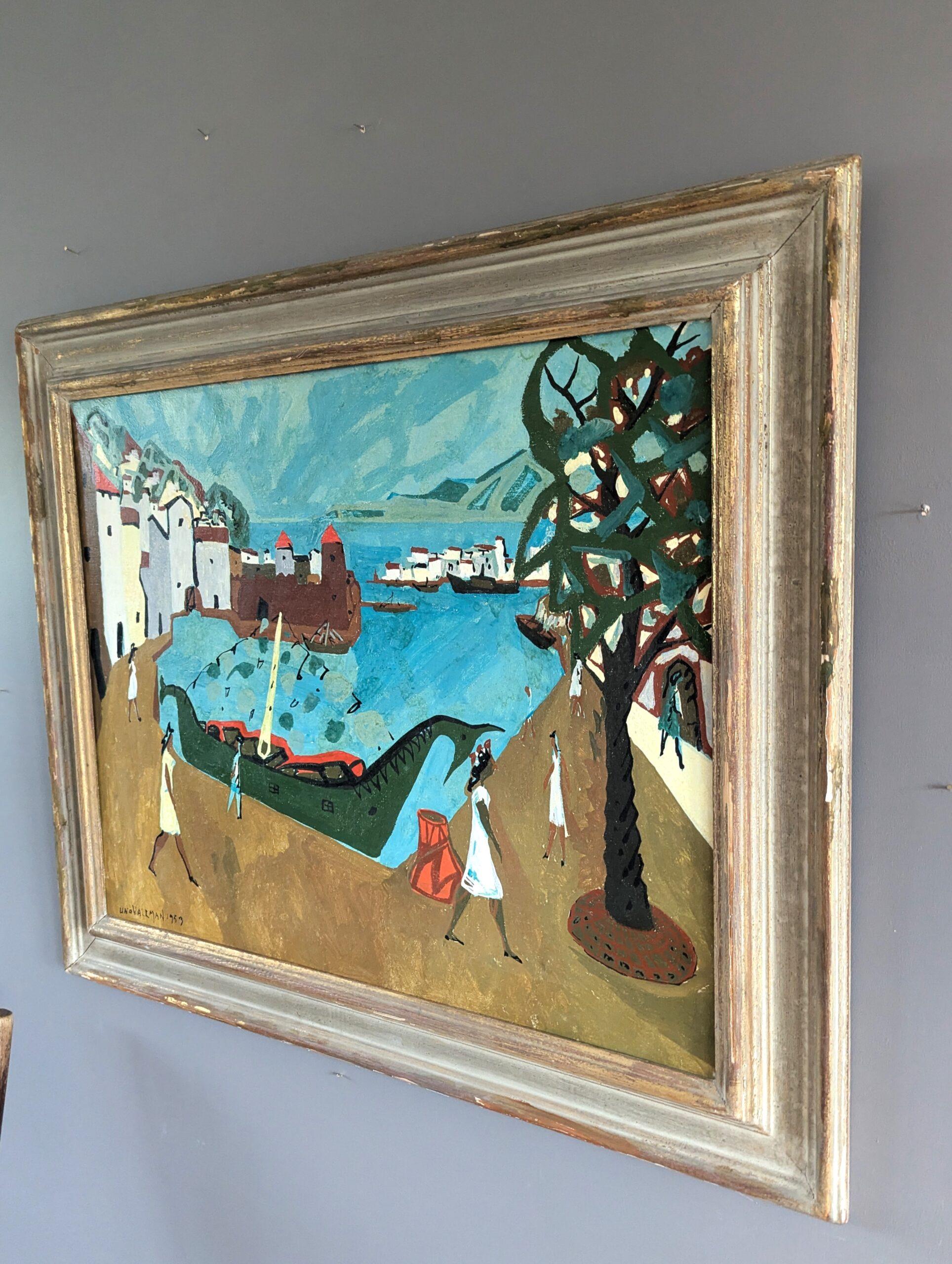 1953 Vintage Mid Century Modern Swedish Landscape Oil Painting -Normandy Harbour (peinture à l'huile d'un paysage suédois du milieu du siècle dernier) 2