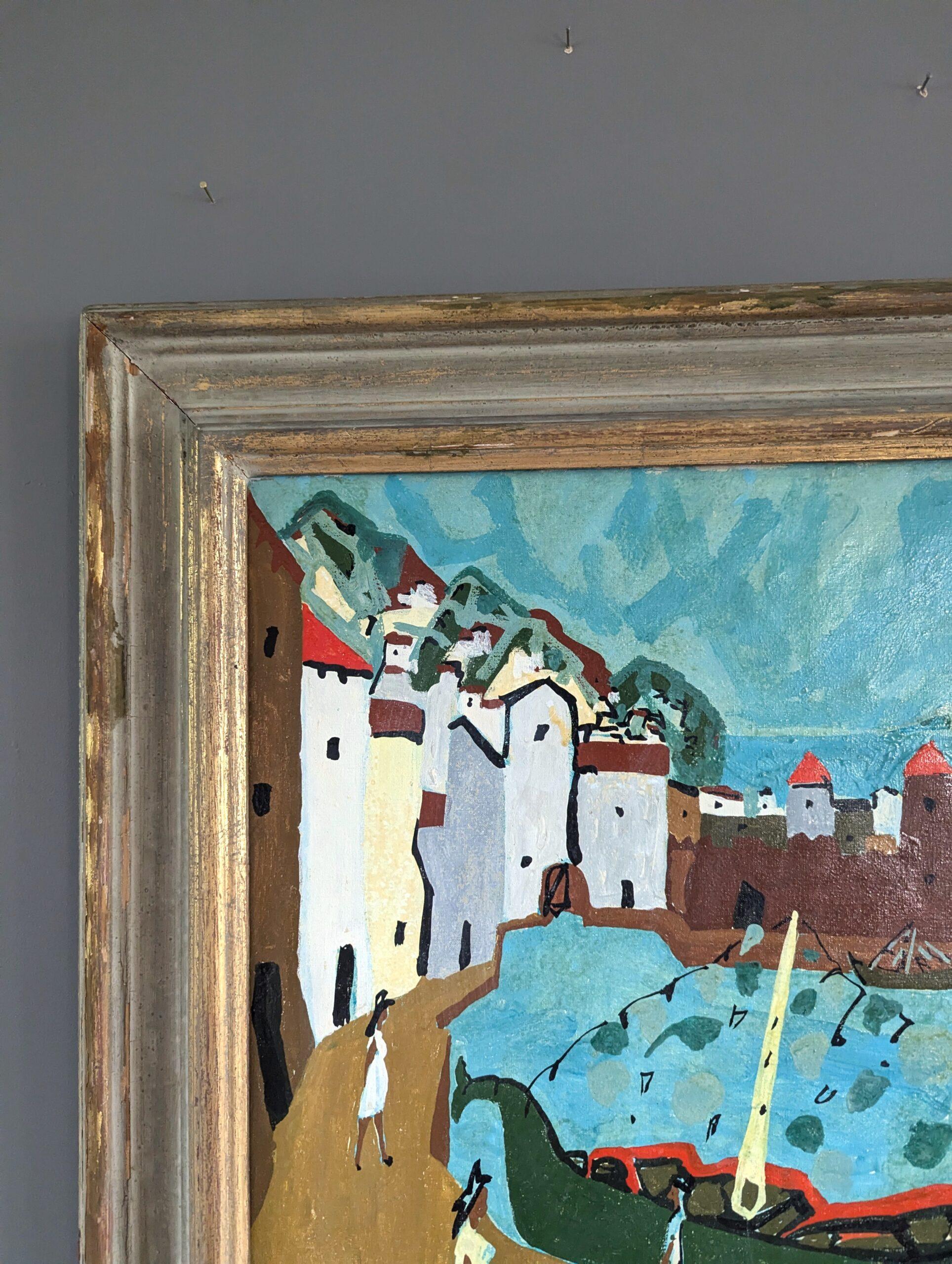 1953 Vintage Mid Century Modern Swedish Landscape Oil Painting -Normandy Harbour (peinture à l'huile d'un paysage suédois du milieu du siècle dernier) 3