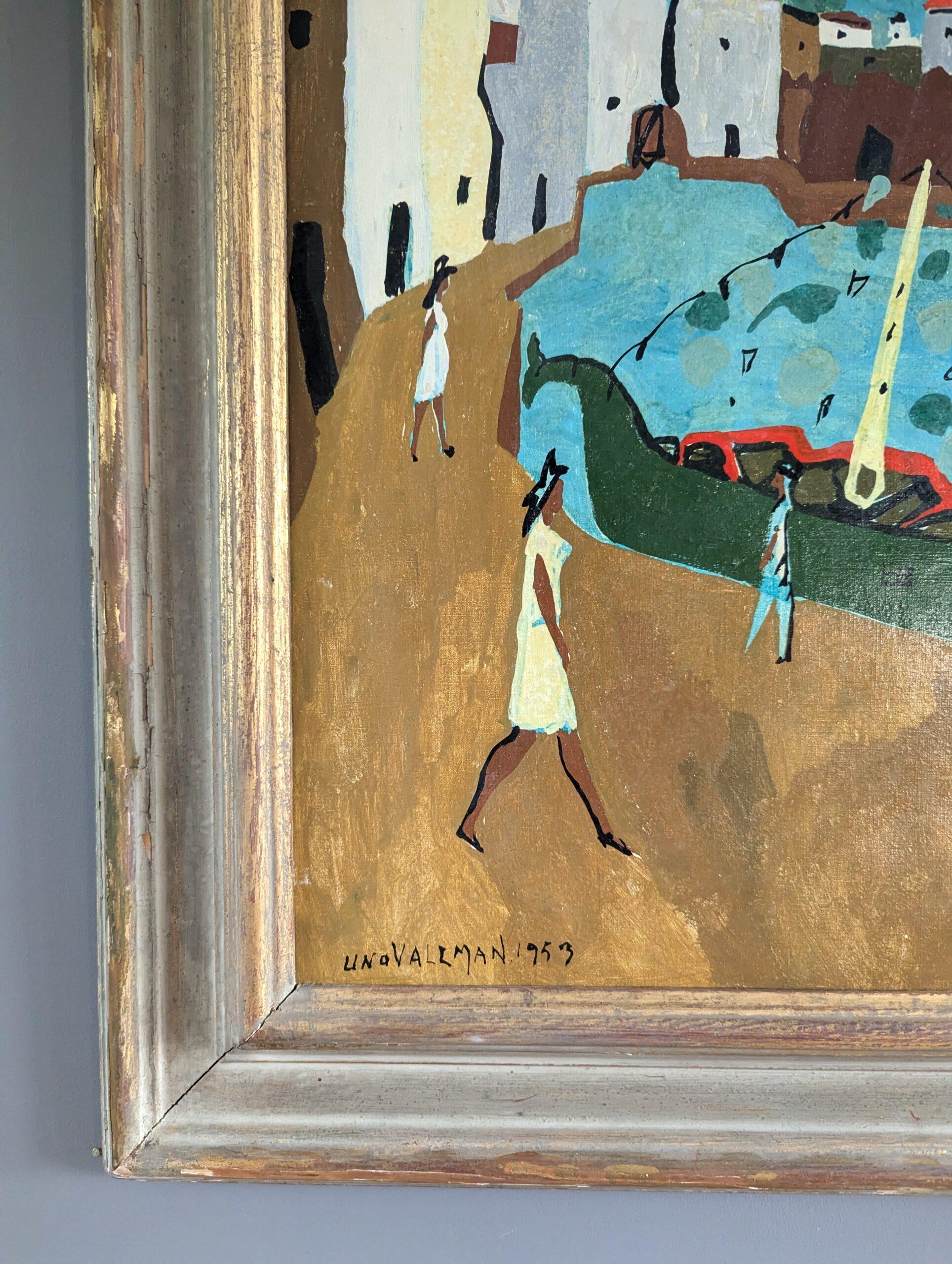 1953 Vintage Mid Century Modern Swedish Landscape Oil Painting -Normandy Harbour (peinture à l'huile d'un paysage suédois du milieu du siècle dernier) 4