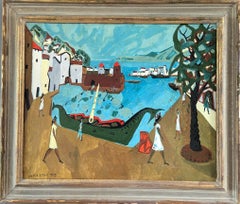 1953 Vintage Mid Century Modern Swedish Landscape Oil Painting -Normandy Harbour (peinture à l'huile d'un paysage suédois du milieu du siècle dernier)