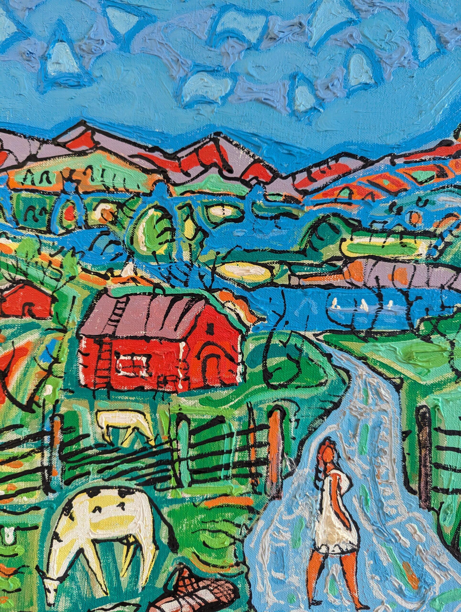 1968 Vintage Original Mid-Century Modern Landscape Oil Painting - Farm in Colour 9