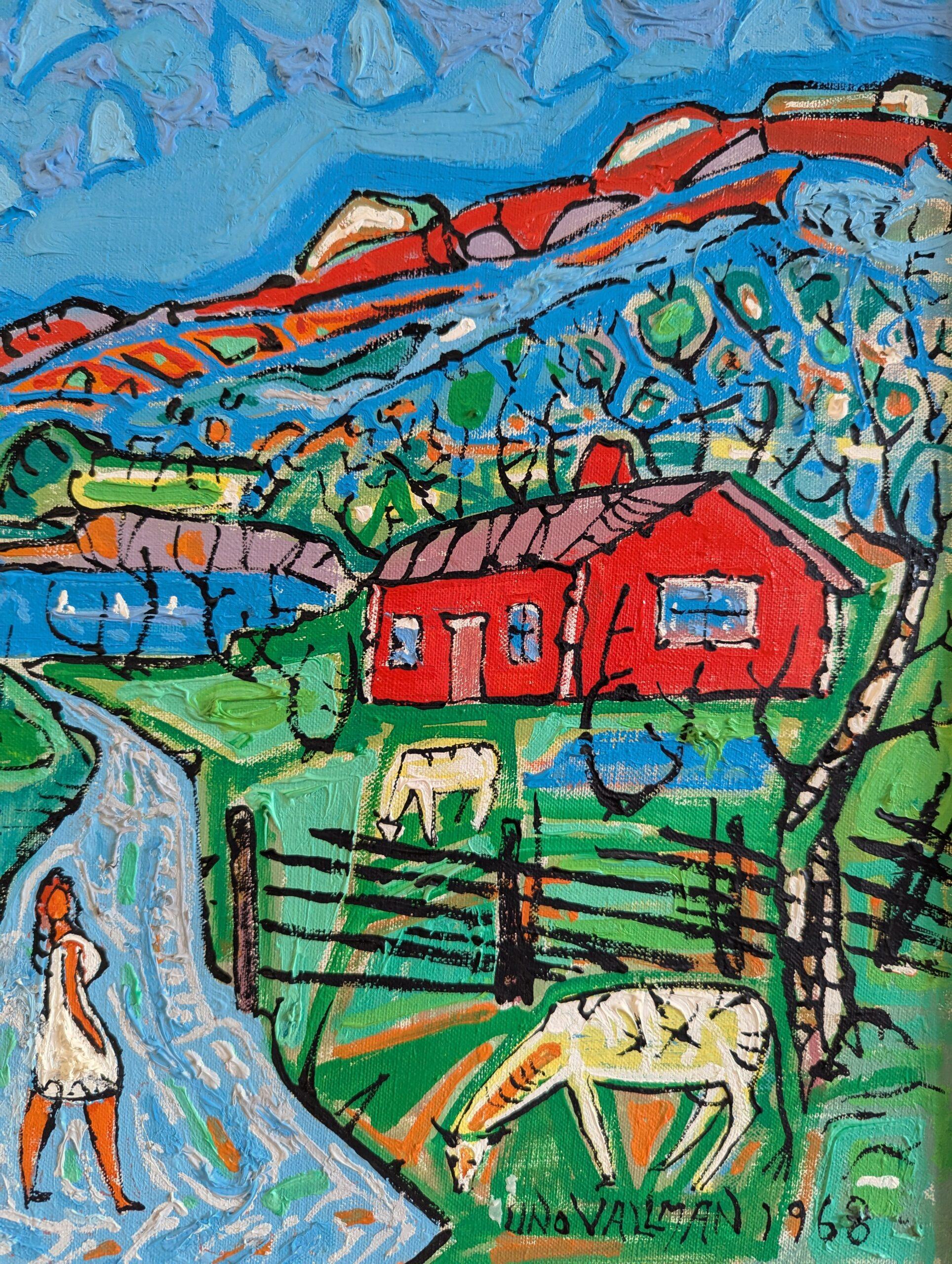 1968 Vintage Original Mid-Century Modern Landscape Oil Painting - Farm in Colour 10