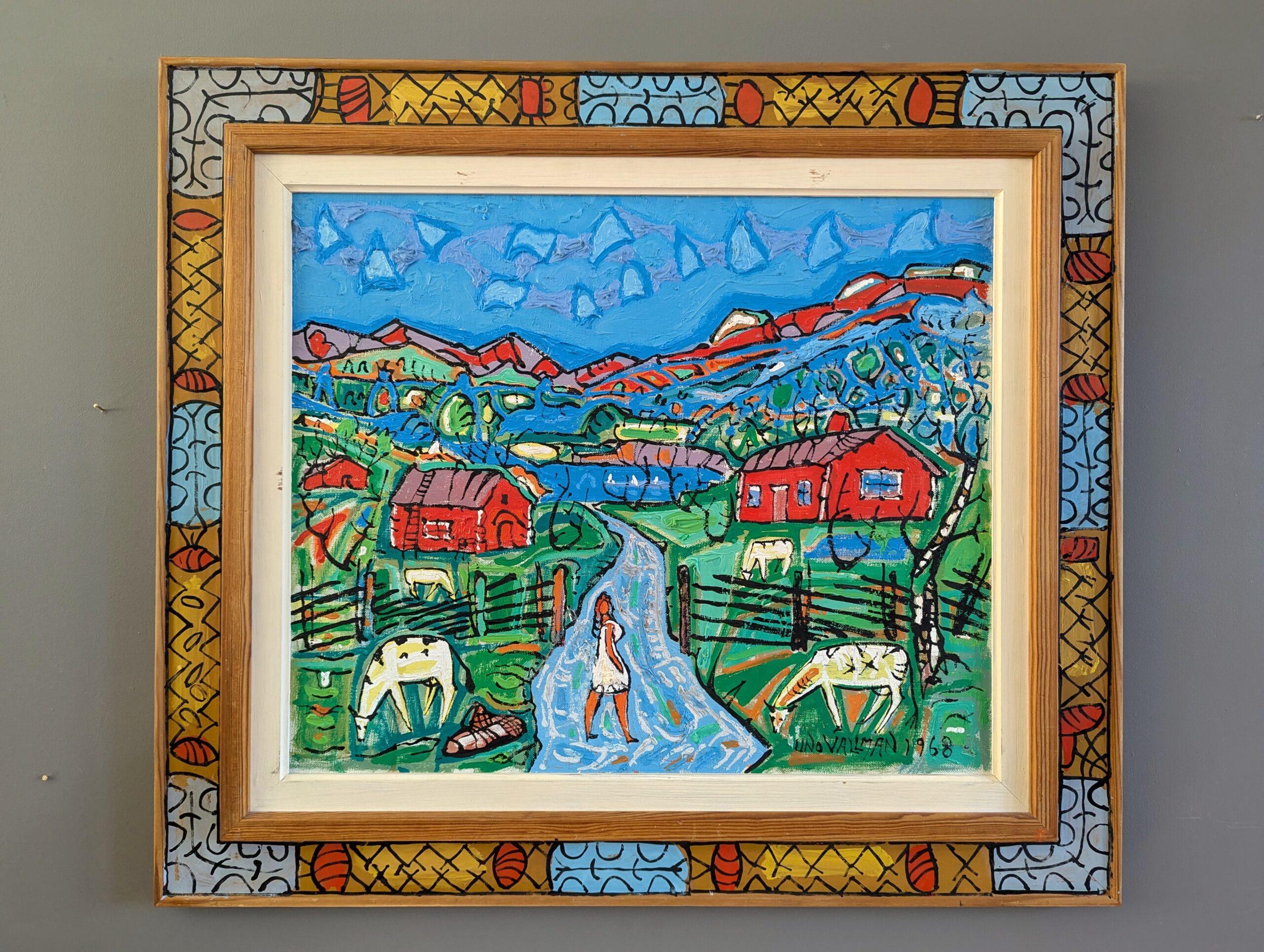 1968 Vintage Original Mid-Century Modern Landscape Oil Painting - Farm in Colour 1