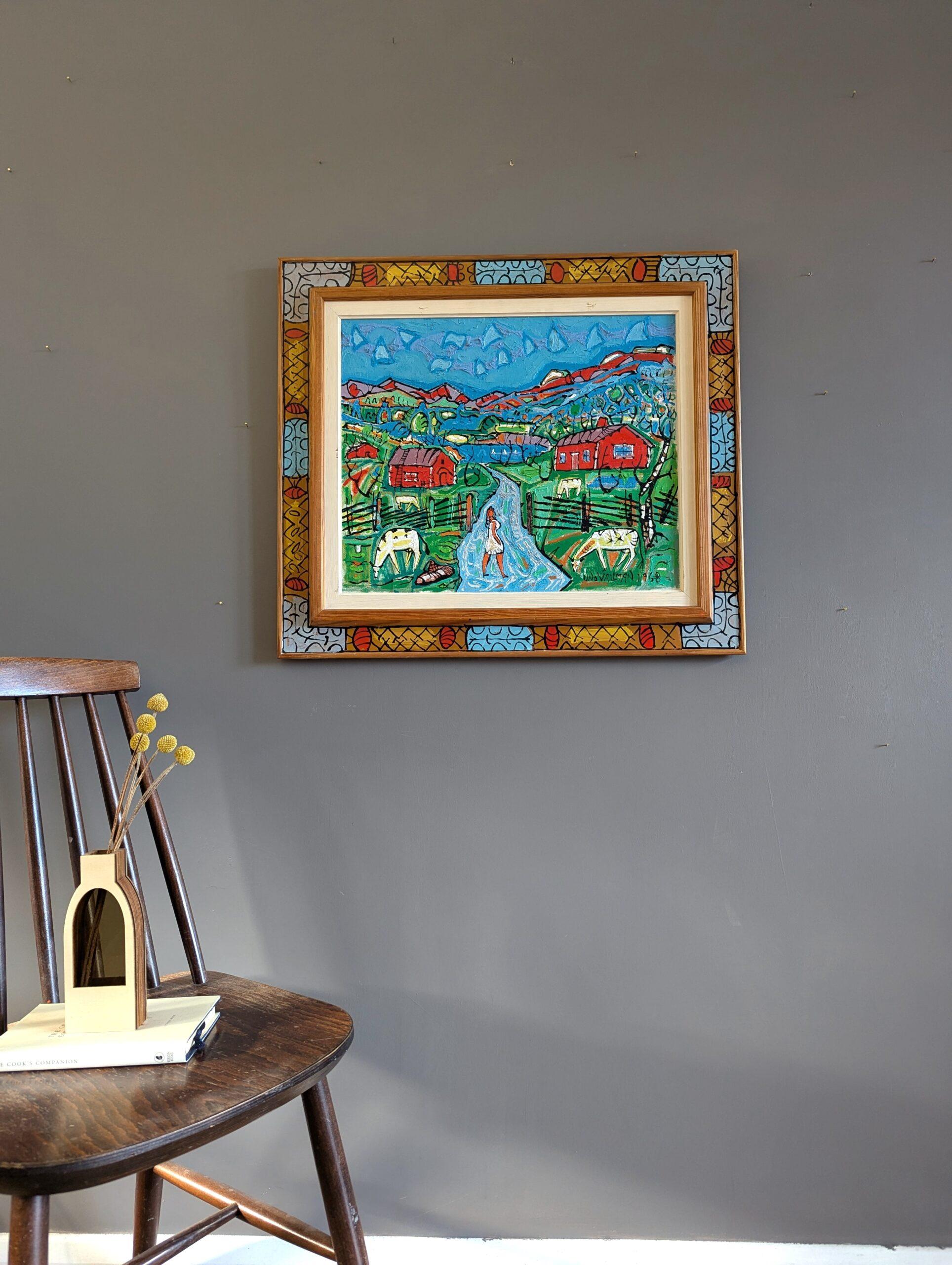1968 Vintage Original Mid-Century Modern Landscape Oil Painting - Farm in Colour 2