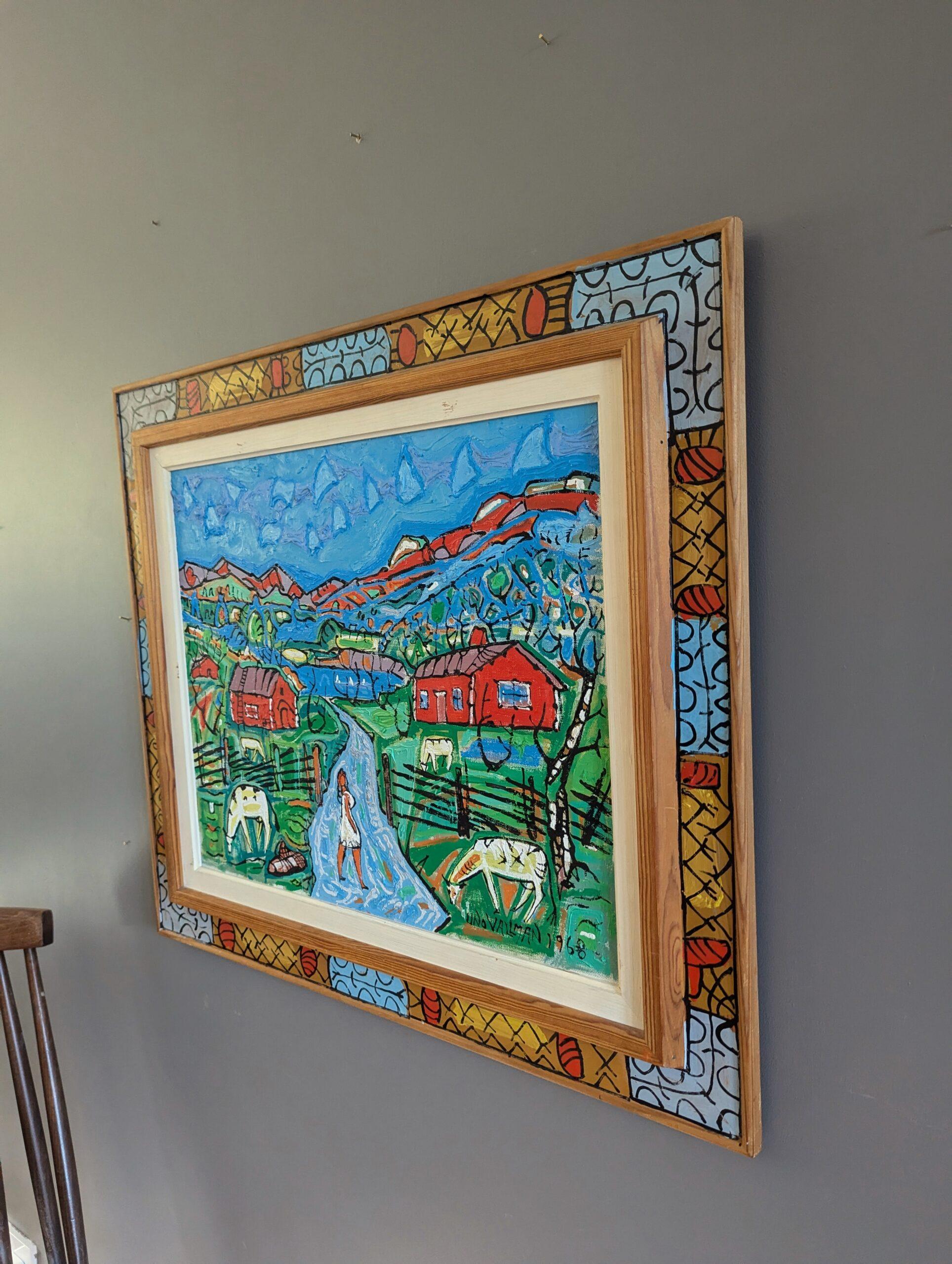 1968 Vintage Original Mid-Century Modern Landscape Oil Painting - Farm in Colour 4