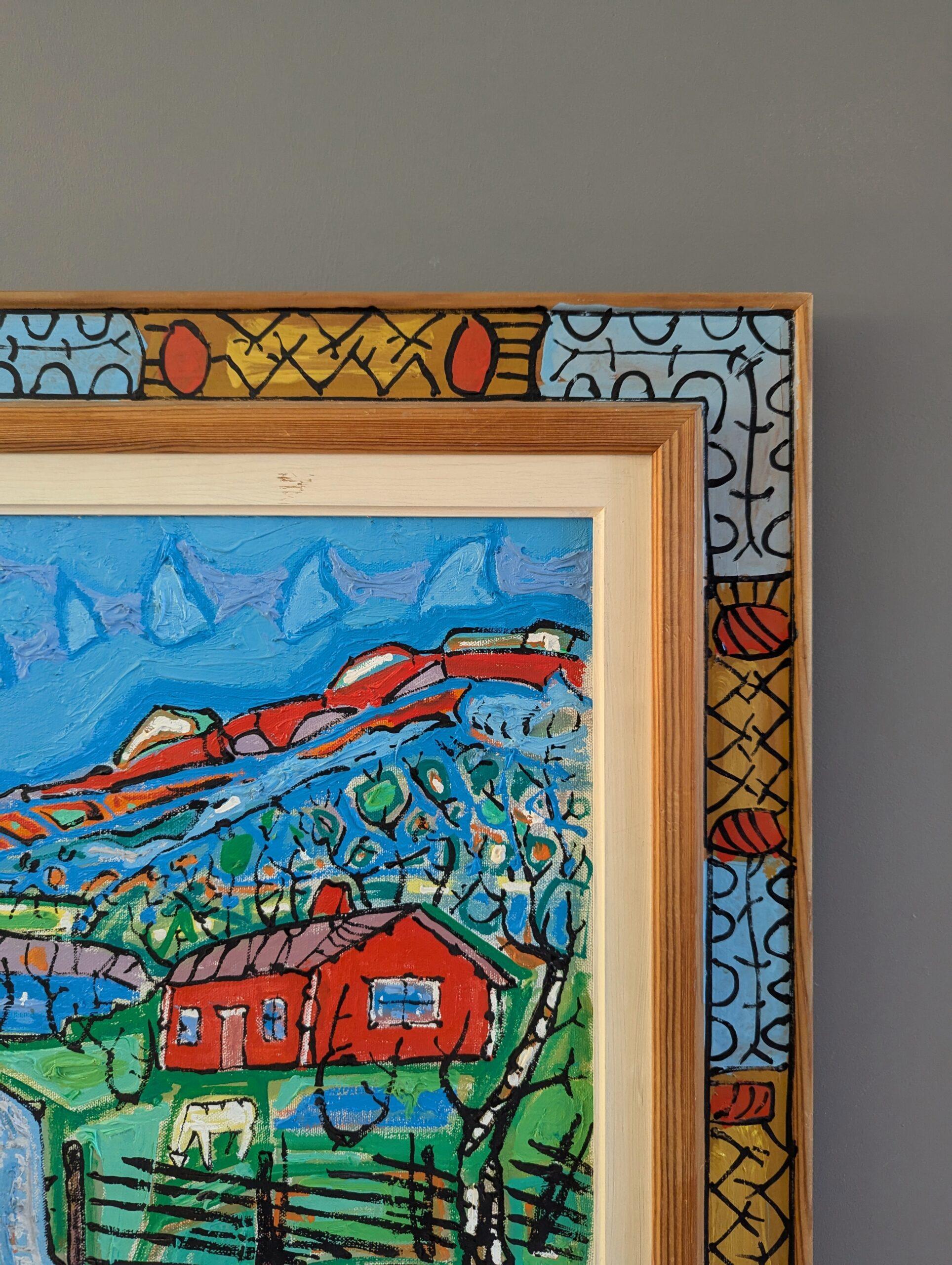 1968 Vintage Original Mid-Century Modern Landscape Oil Painting - Farm in Colour 6