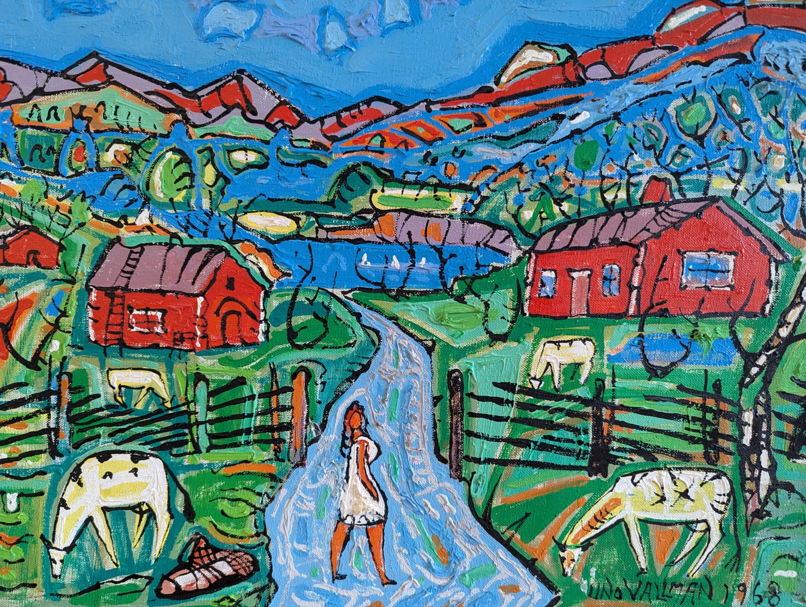 1968 Vintage Original Mid-Century Modern Landscape Oil Painting - Farm in Colour 8
