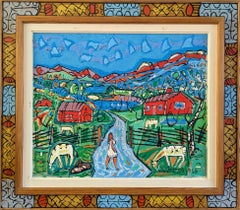 1968 Vintage Original Mid-Century Modern Landscape Oil Painting - Farm in Colour