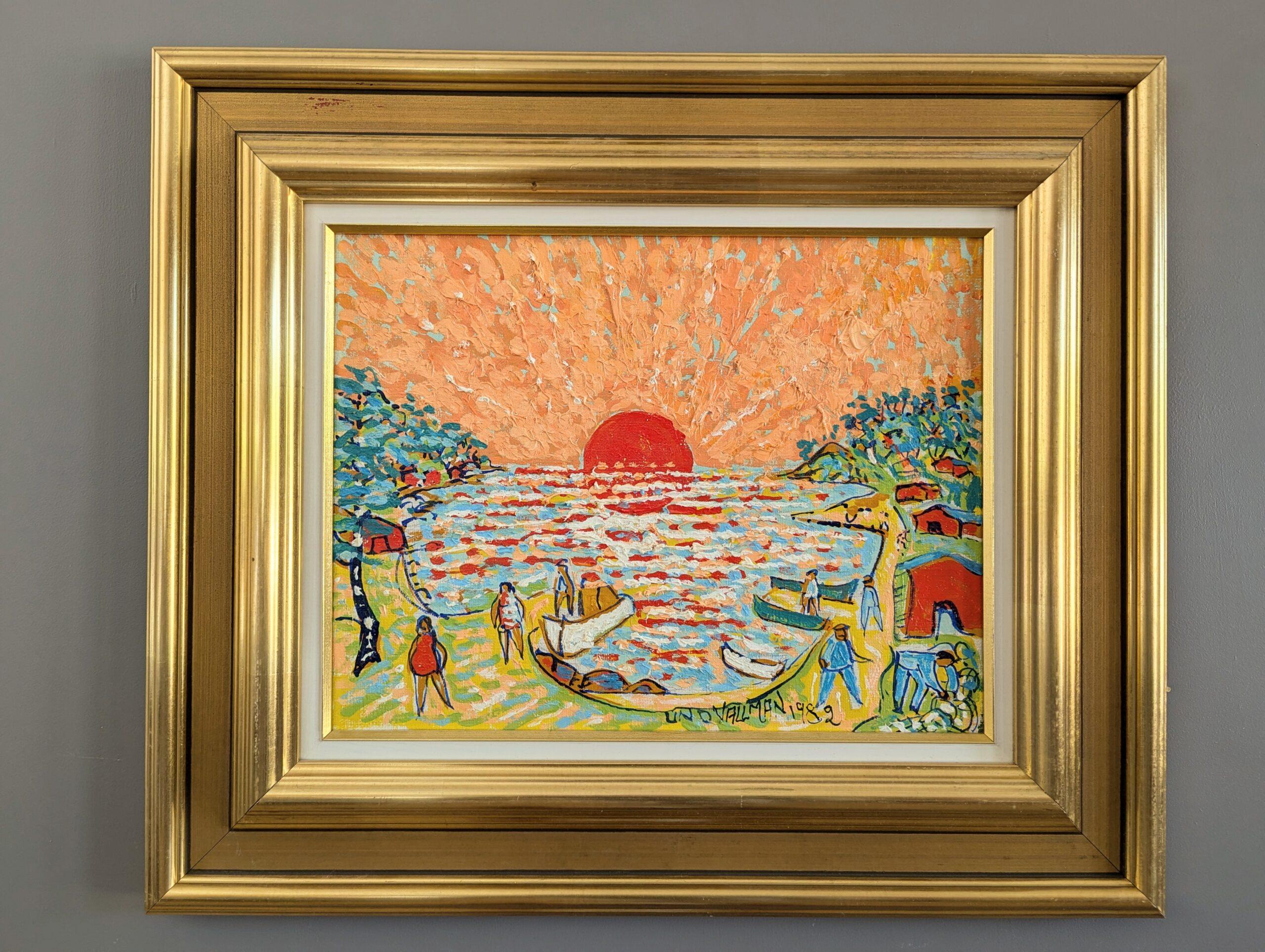 1982 Vintage Expressionist Figurative Ölgemälde von Uno Vallman - Glühende Sonne 1