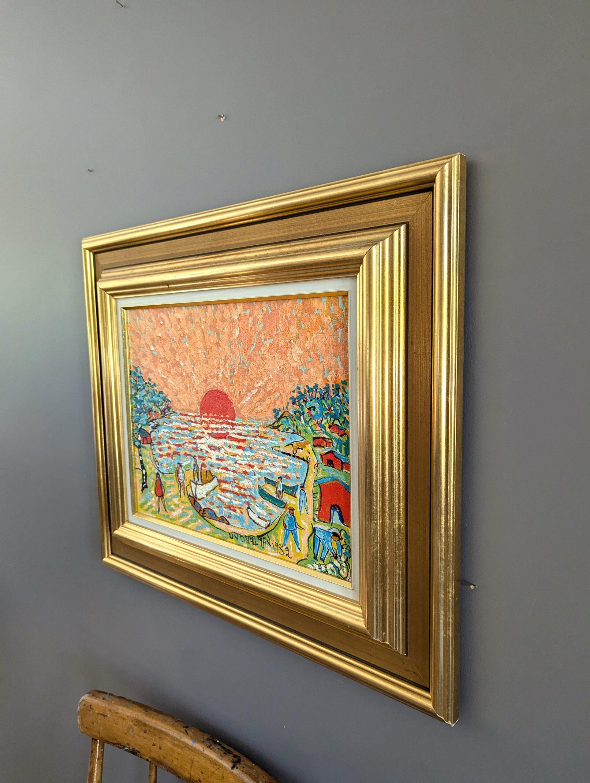 1982 Vintage Expressionist Figurative Ölgemälde von Uno Vallman - Glühende Sonne 2