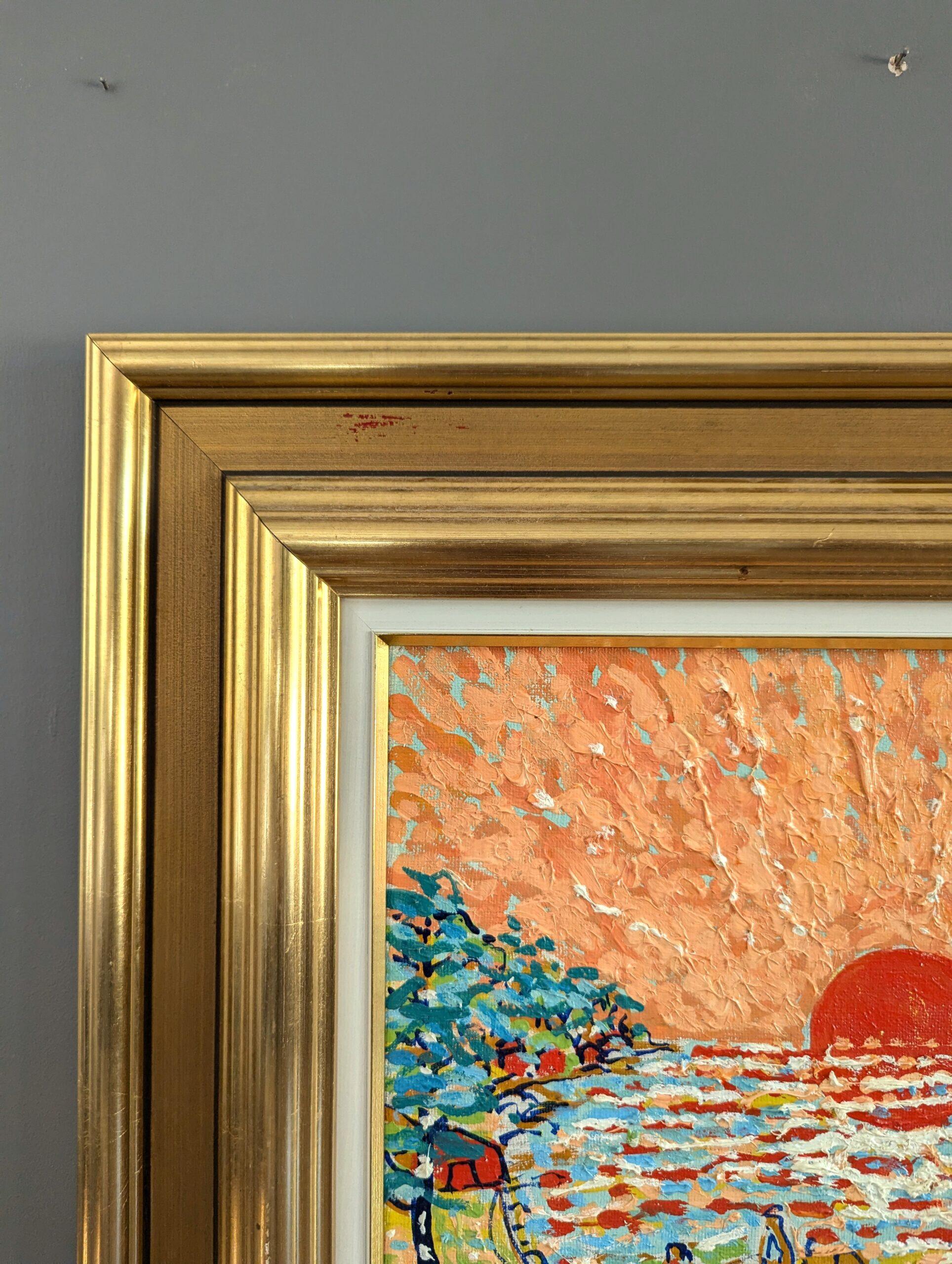 1982 Vintage Expressionist Figurative Ölgemälde von Uno Vallman - Glühende Sonne 3
