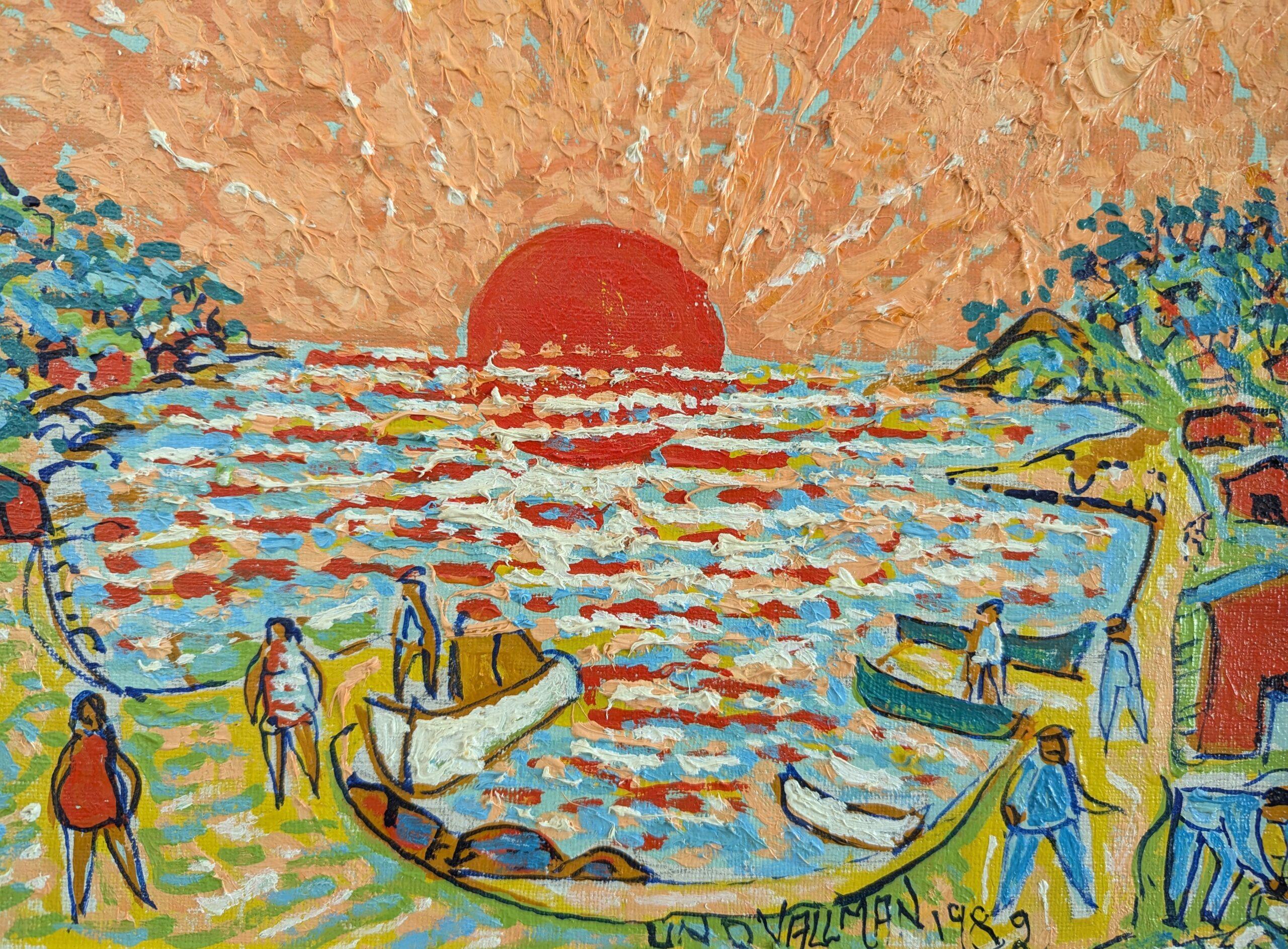 1982 Vintage Expressionist Figurative Ölgemälde von Uno Vallman - Glühende Sonne 4