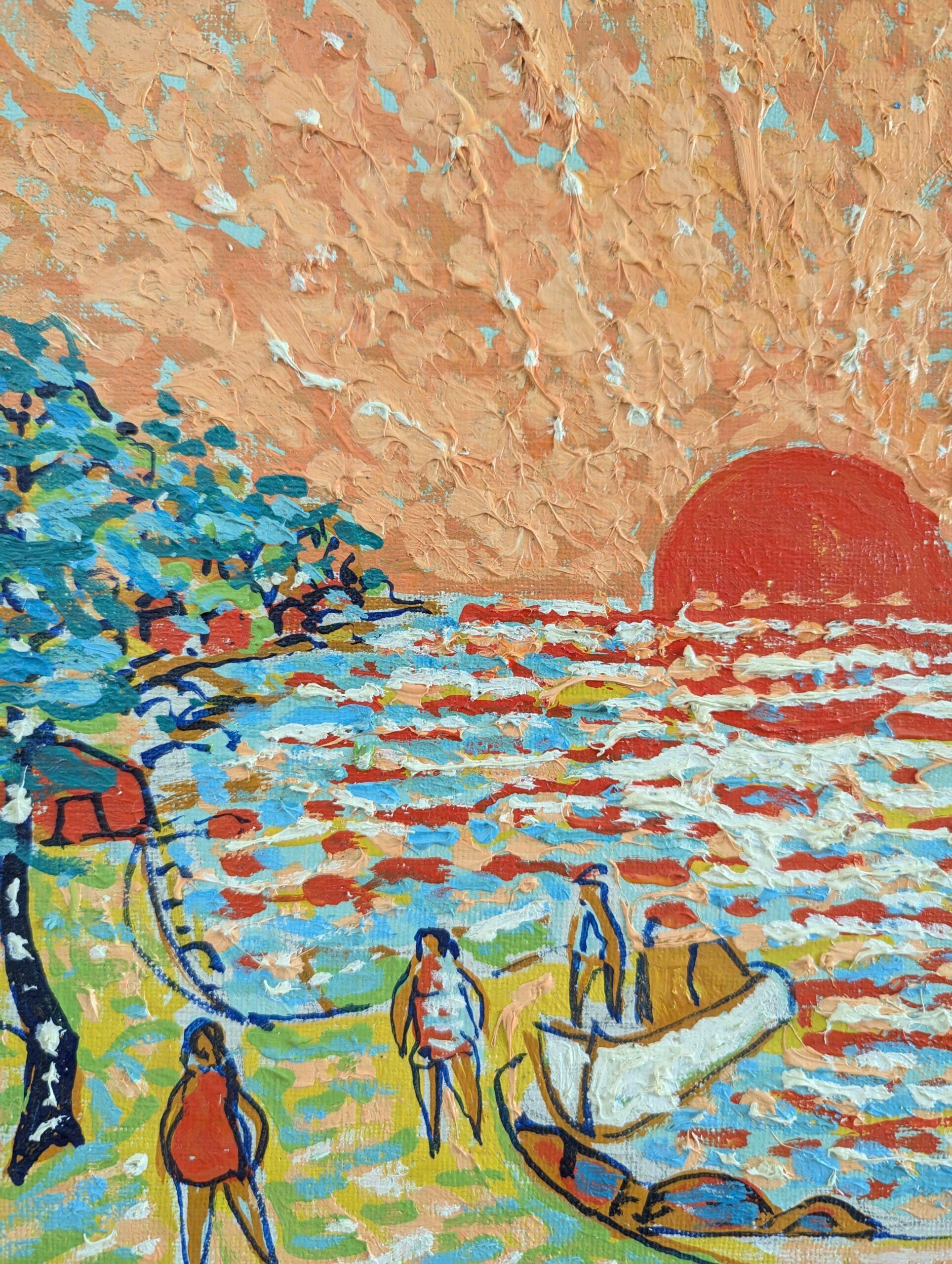 1982 Vintage Expressionist Figurative Ölgemälde von Uno Vallman - Glühende Sonne 5