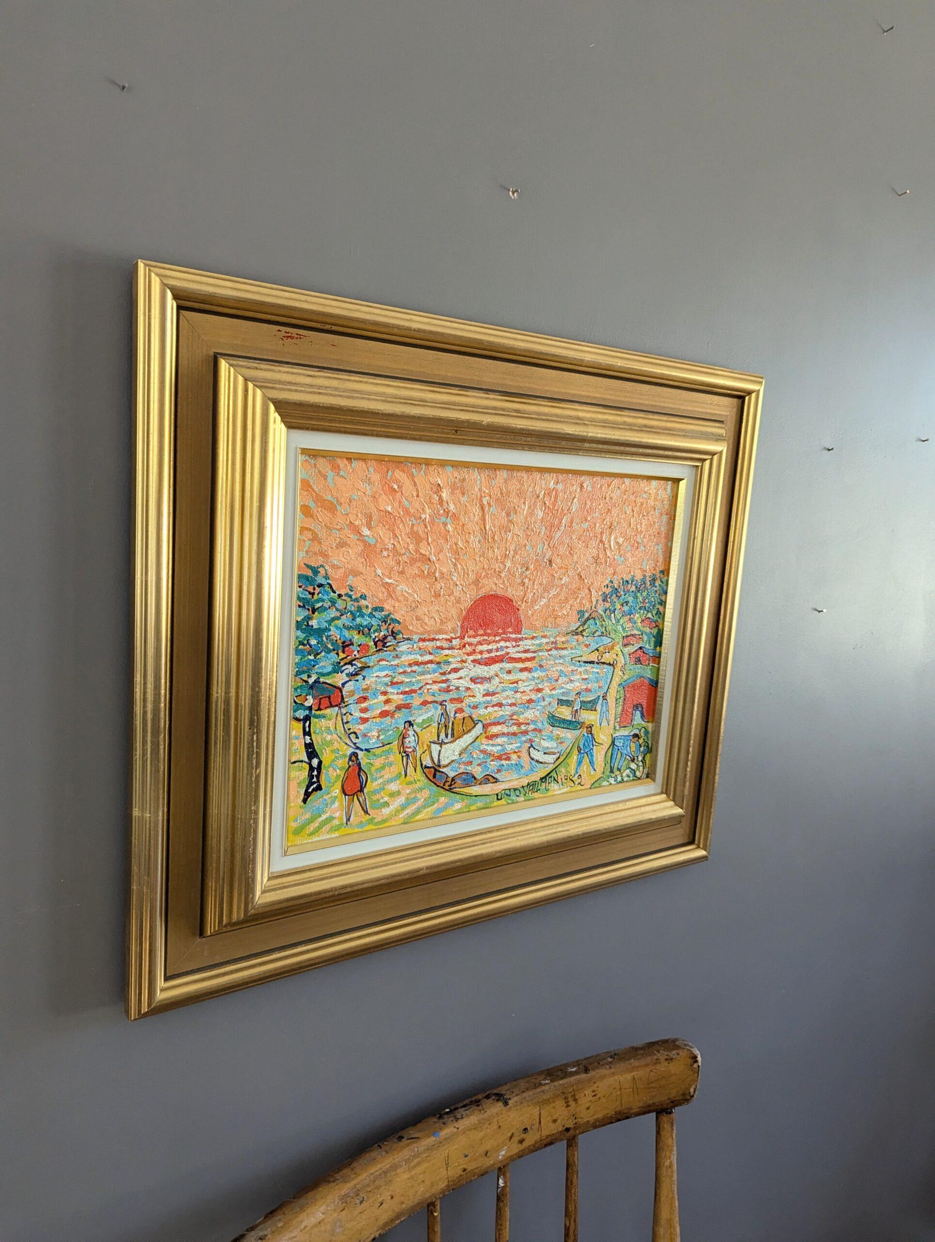 1982 Vintage Expressionist Figurative Ölgemälde von Uno Vallman - Glühende Sonne 8