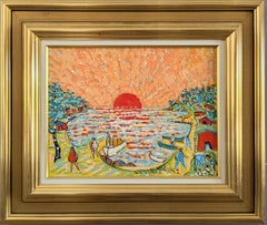 1982 Vintage Expressionist Figurative Oil Painting by Uno Vallman - Glowing Sun