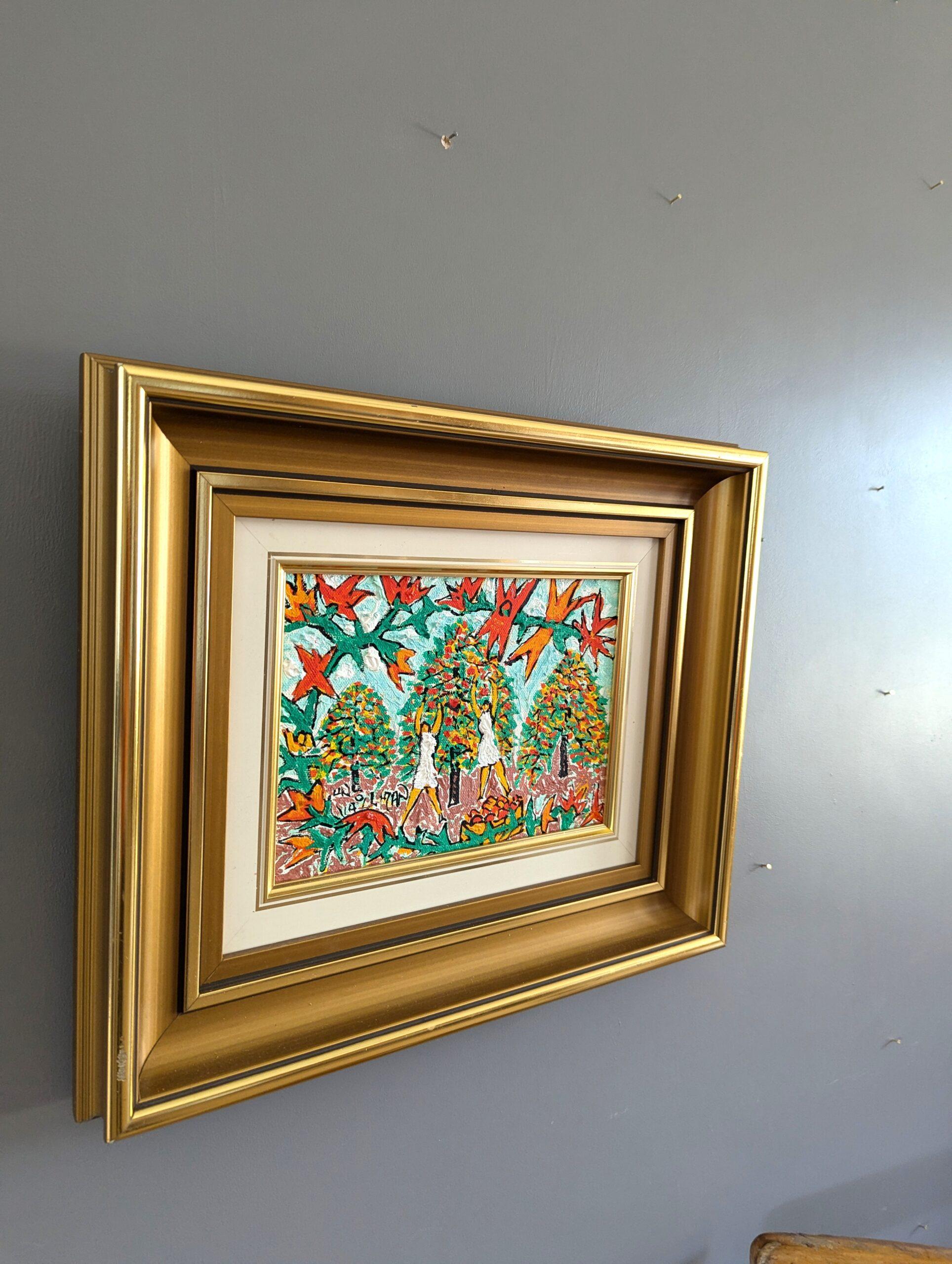 Mid-Century Modern Expressionist Landscape Framed Oil Painting - Garden Joy 1