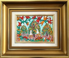 Mid-Century Modern Expressionist Landscape Framed Oil Painting - Garden Joy