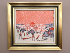 Peinture à l'huile représentant un paysage côtier suédois de style « Mid-Century Modern » - « Coral Sunset »