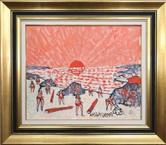 Mid-Century Modern Swedish Coastal Landscape Oil Painting - Coral Sunset