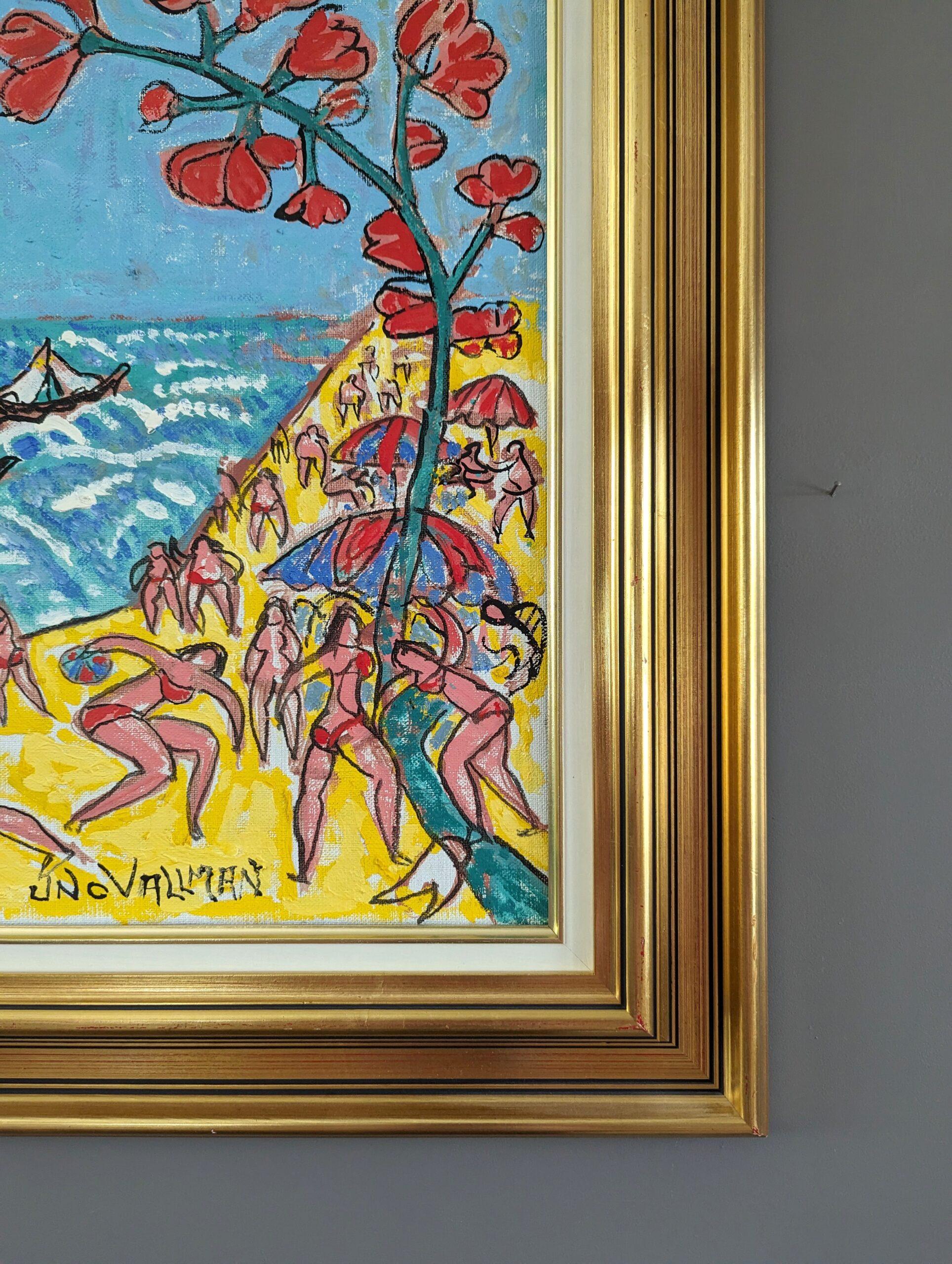Pittura ad olio figurativa espressionista della metà del secolo scorso - Spiaggia estiva 10
