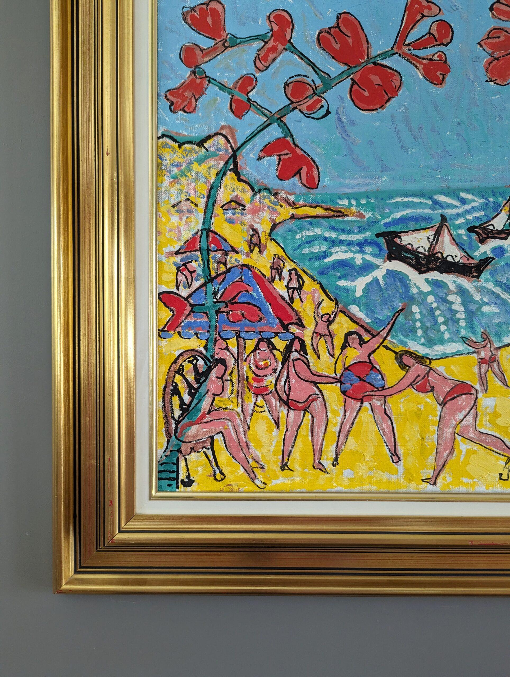 Pittura ad olio figurativa espressionista della metà del secolo scorso - Spiaggia estiva 11